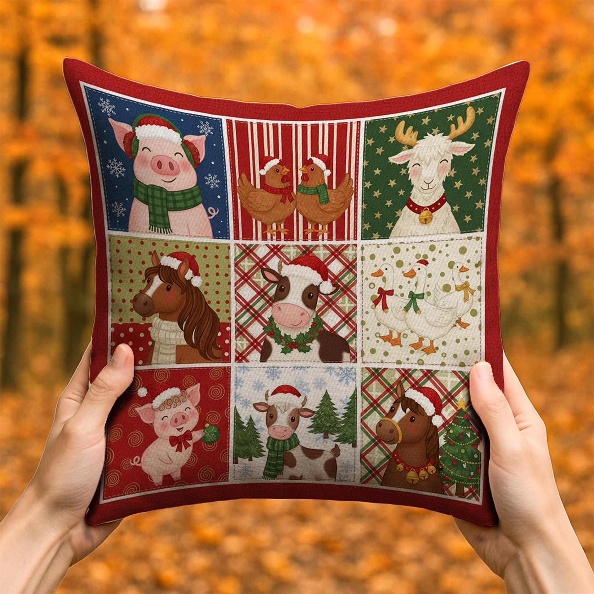Christmas Farm Animal Pillow – Holiday Throw Cushion with Pig, Cow, Horse & Chicken Design