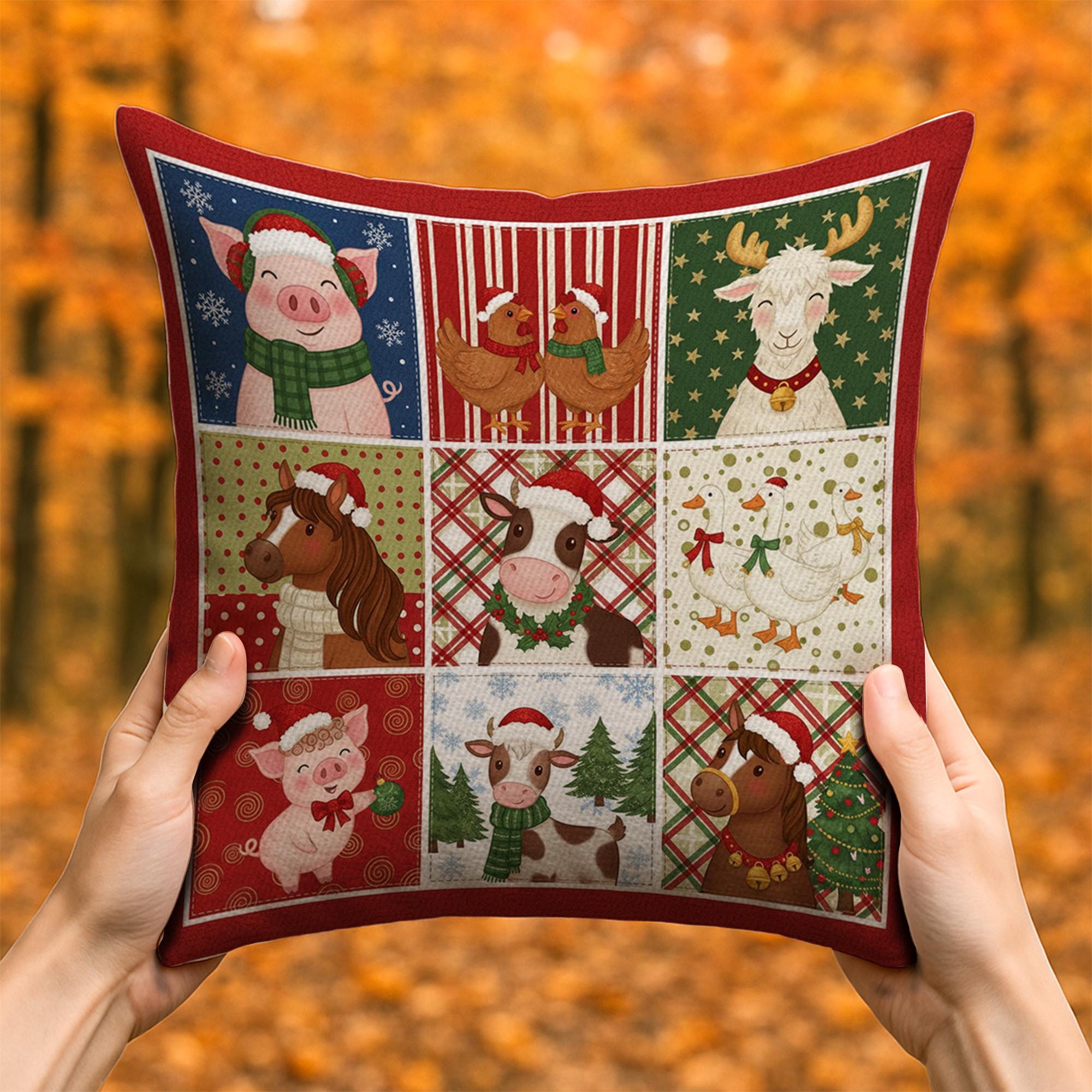 Christmas Farm Animal Pillow – Holiday Throw Cushion with Pig, Cow, Horse & Chicken Design