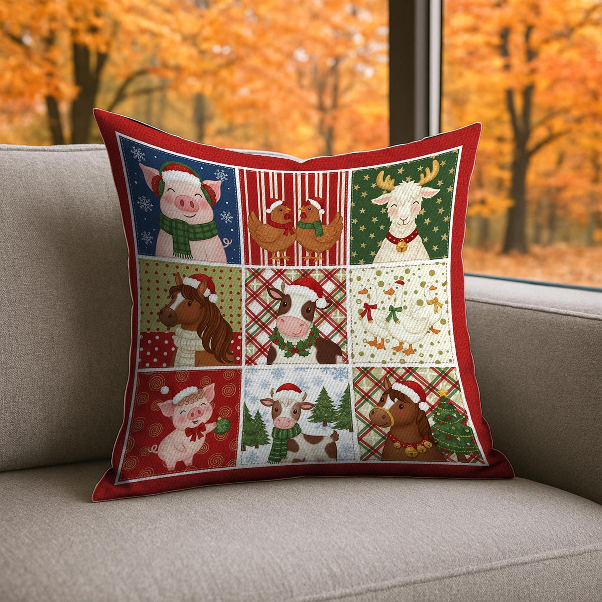Christmas Farm Animal Pillow – Holiday Throw Cushion with Pig, Cow, Horse & Chicken Design