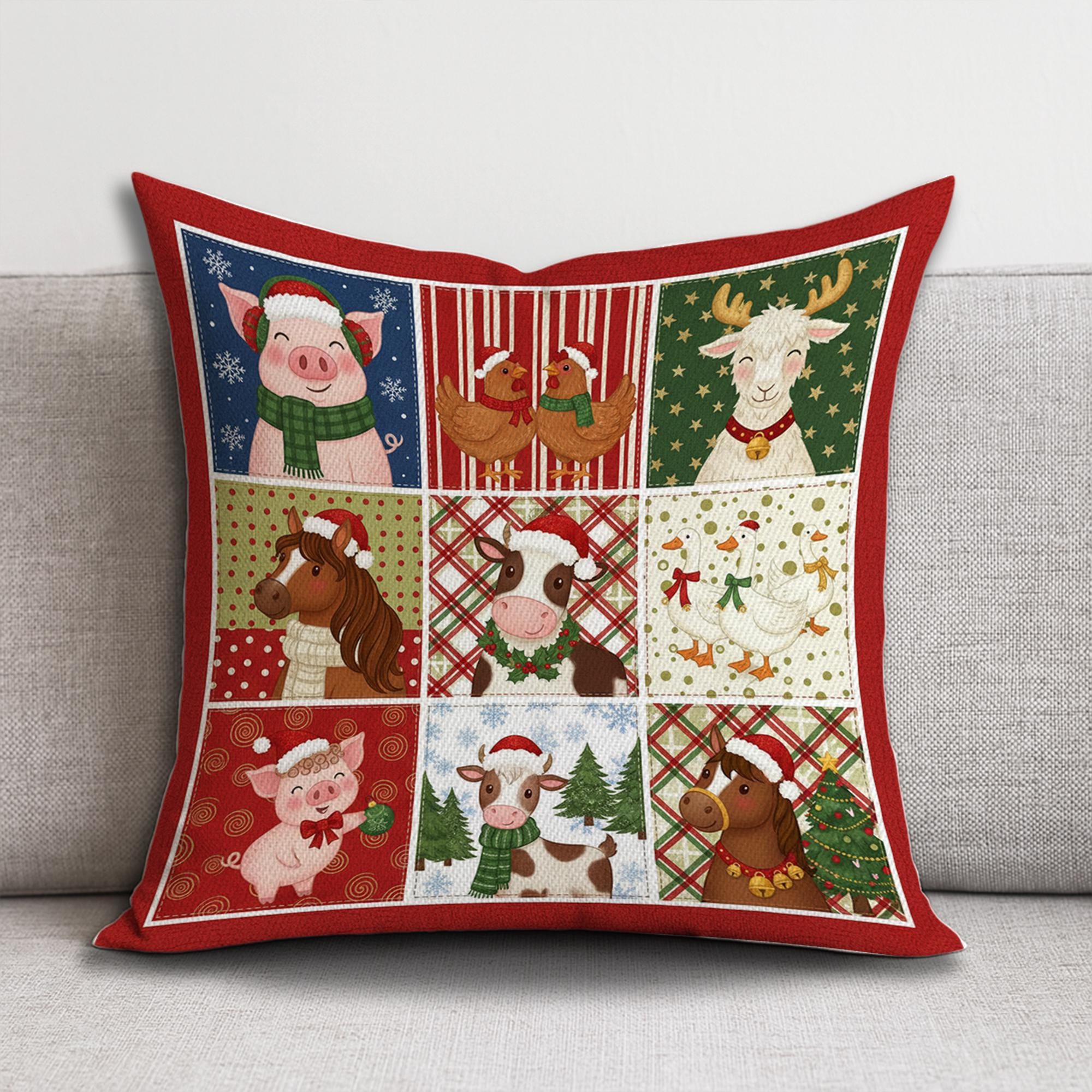Christmas Farm Animal Pillow – Holiday Throw Cushion with Pig, Cow, Horse & Chicken Design