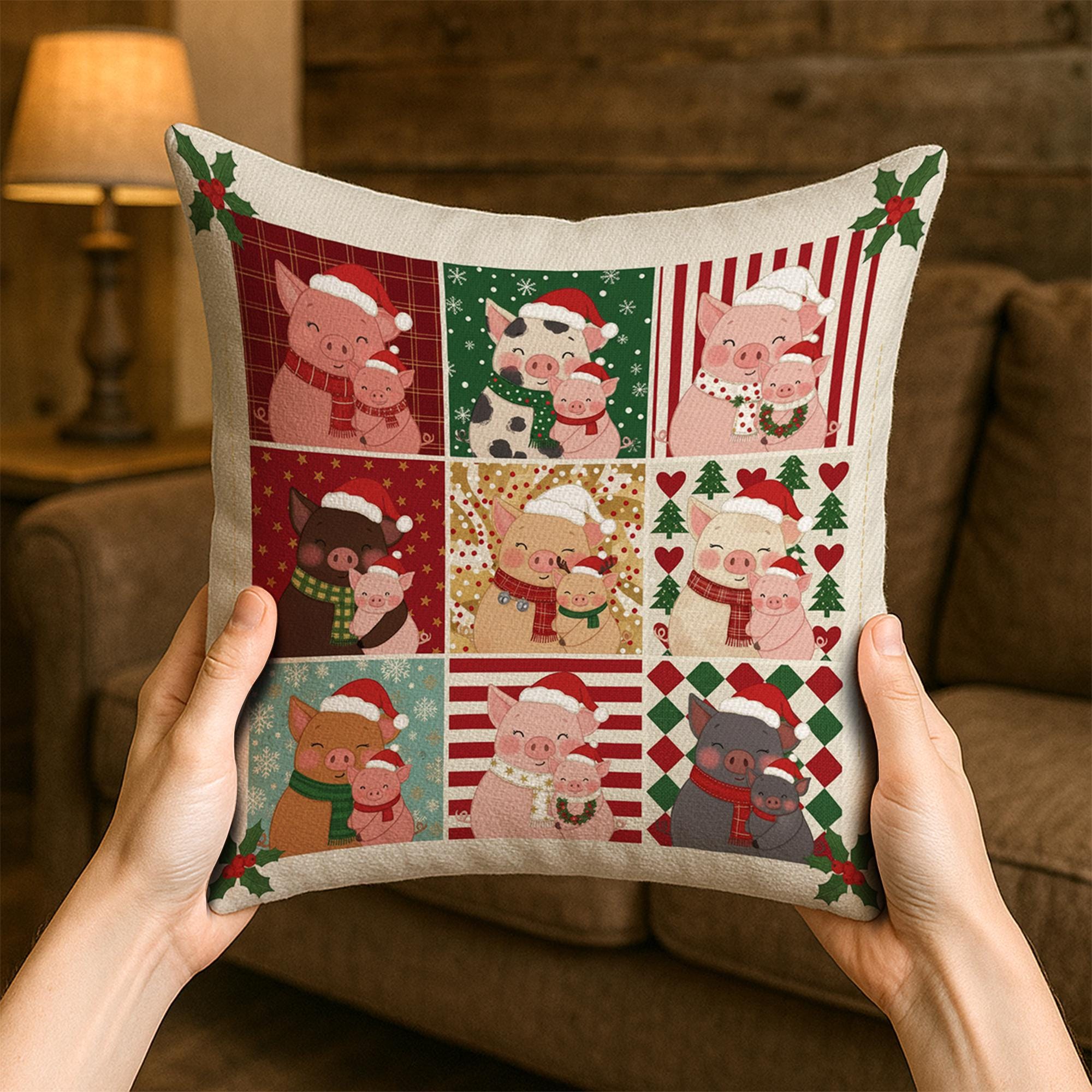 Pig Mom Christmas Pillow – Farmhouse Holiday Cushion Gift for Pig Lovers and Rustic Decor