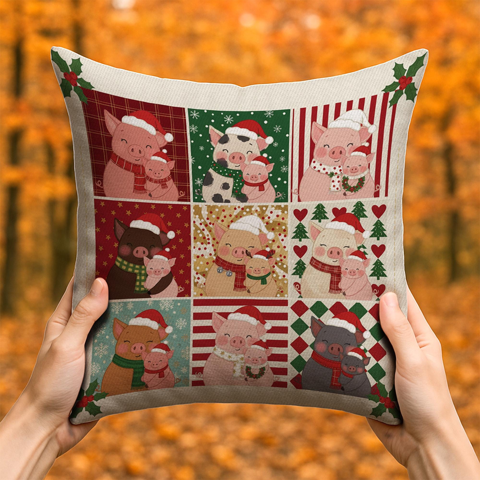Pig Mom Christmas Pillow – Farmhouse Holiday Cushion Gift for Pig Lovers and Rustic Decor