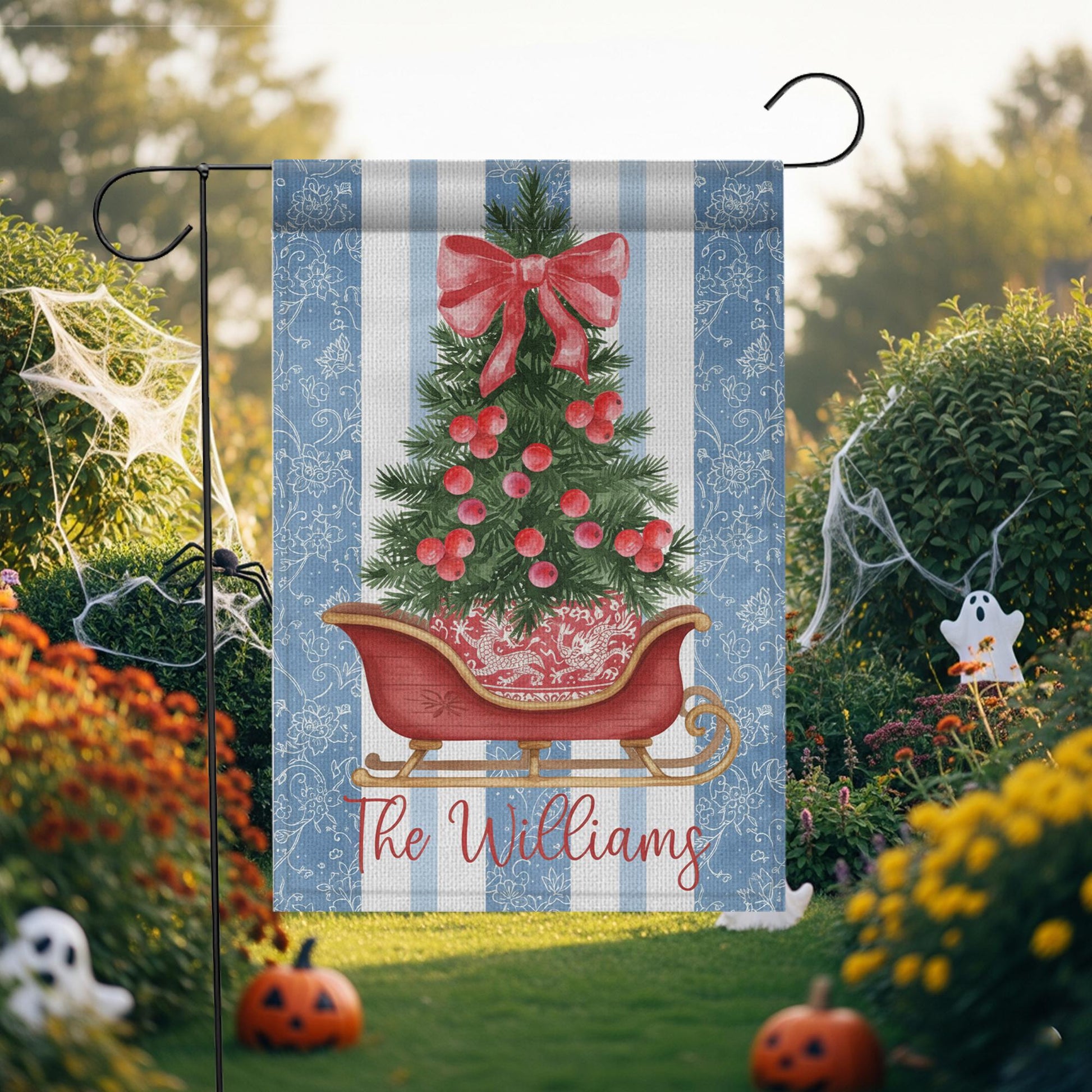 Personalized Christmas Garden Flag – Custom Family Name Holiday Yard Decoration with Tree and Sleigh