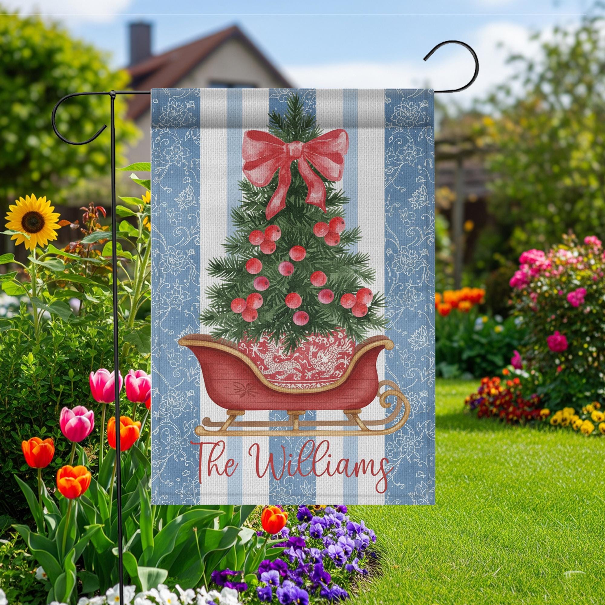 Personalized Christmas Garden Flag – Custom Family Name Holiday Yard Decoration with Tree and Sleigh