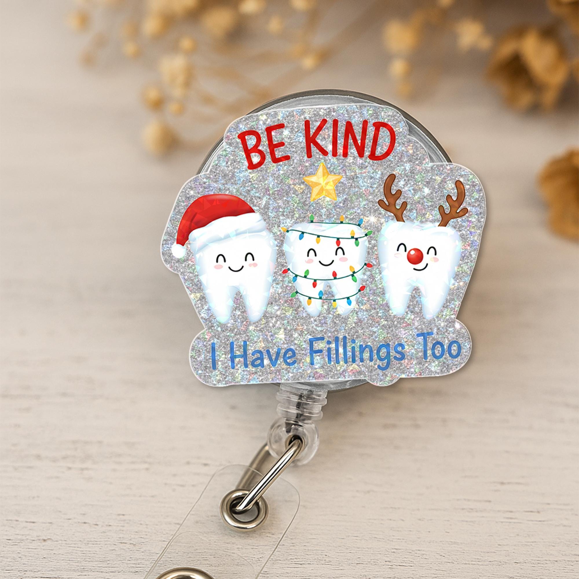 Dentist Badge Reel – Retractable ID Holder, Tooth Icons, Glitter, Custom Name