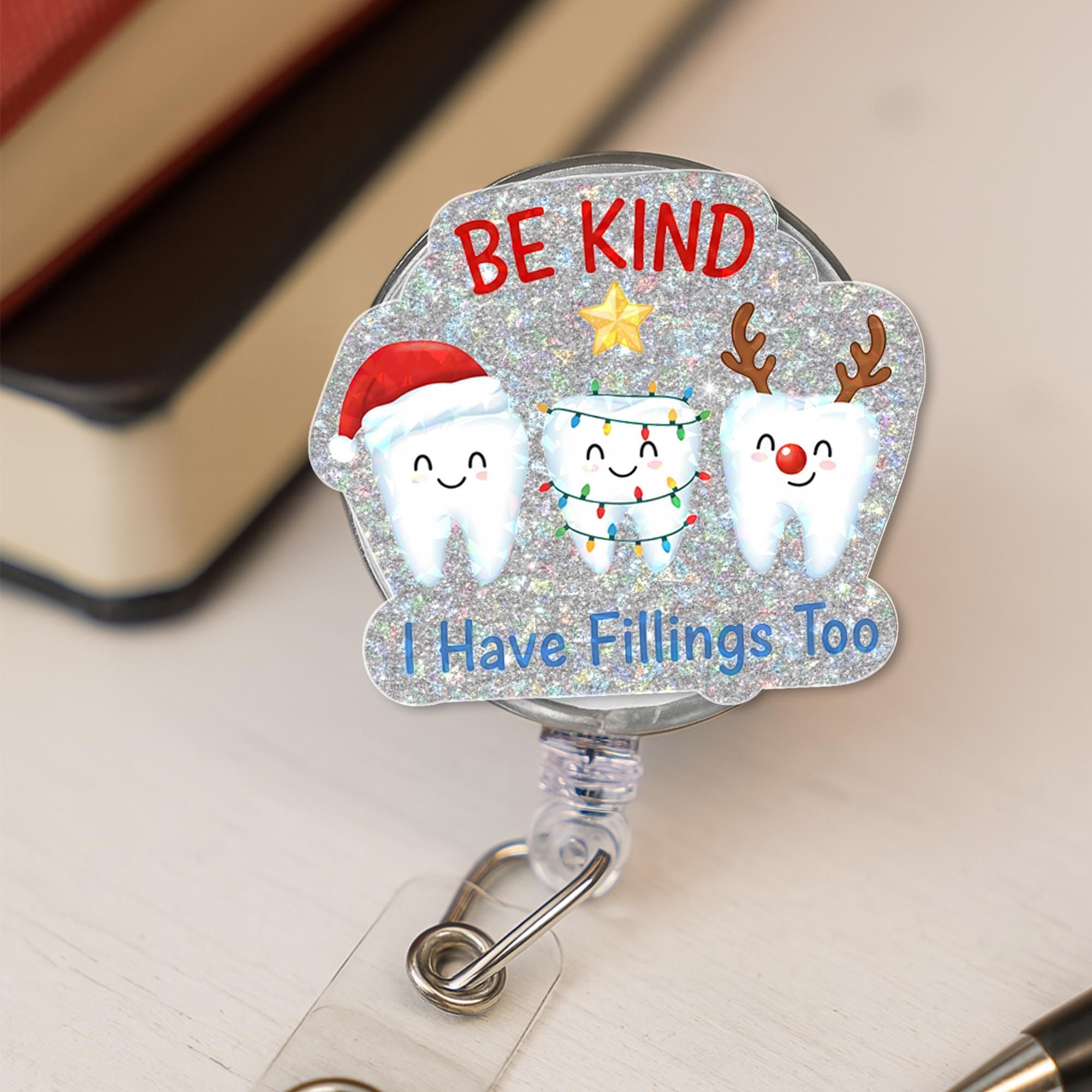 Dentist Badge Reel – Retractable ID Holder, Tooth Icons, Glitter, Custom Name