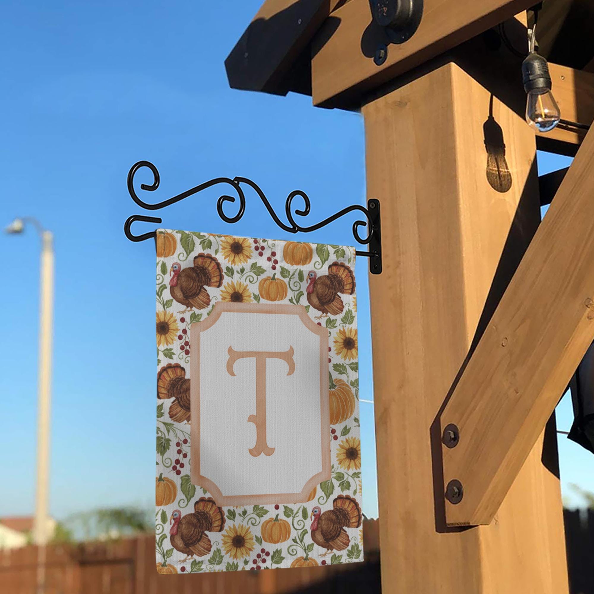 Thanksgiving Garden Flag – Personalized Monogram Fall Yard Decoration with Pumpkins and Turkeys