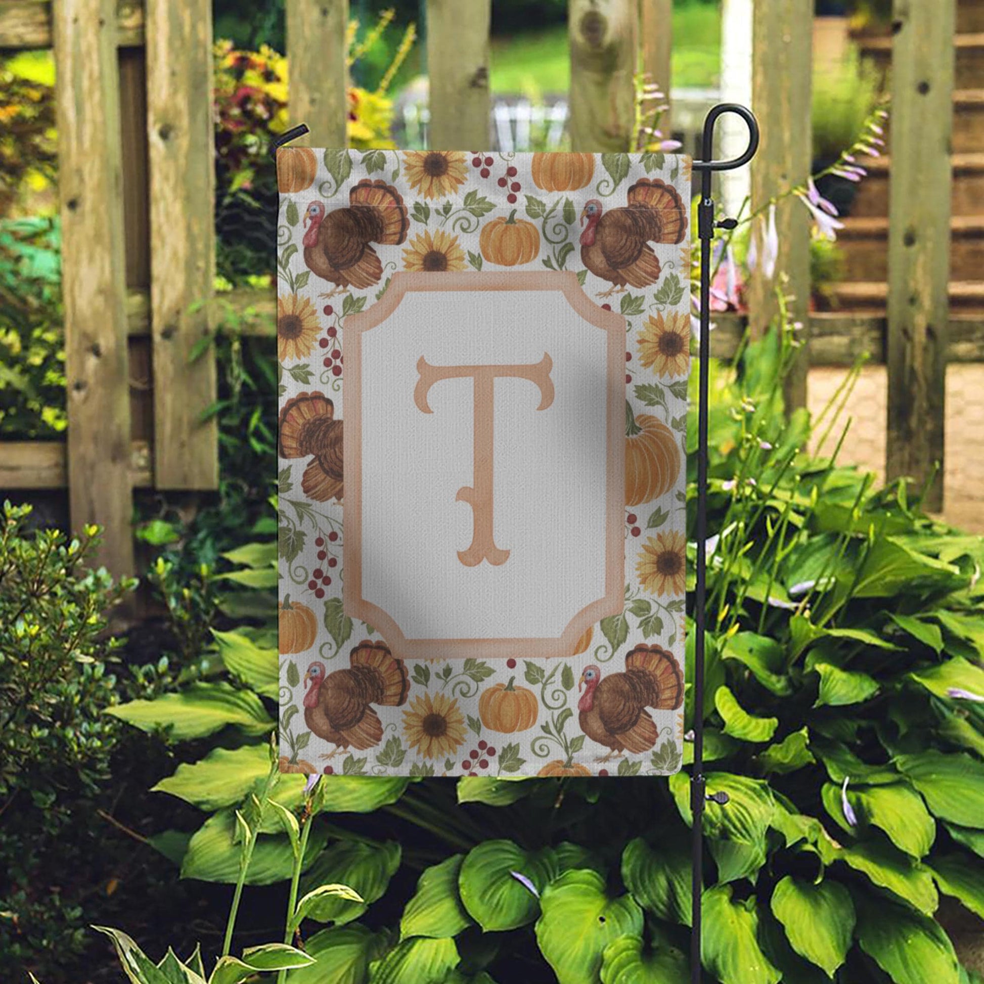 Thanksgiving Garden Flag – Personalized Monogram Fall Yard Decoration with Pumpkins and Turkeys