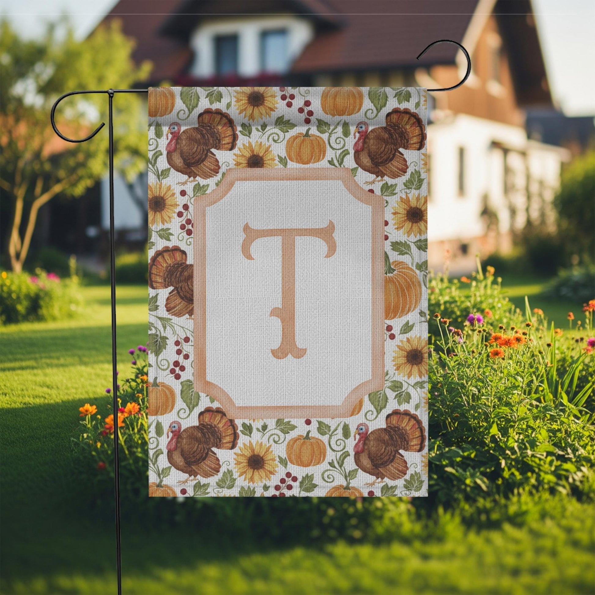 Thanksgiving Garden Flag – Personalized Monogram Fall Yard Decoration with Pumpkins and Turkeys