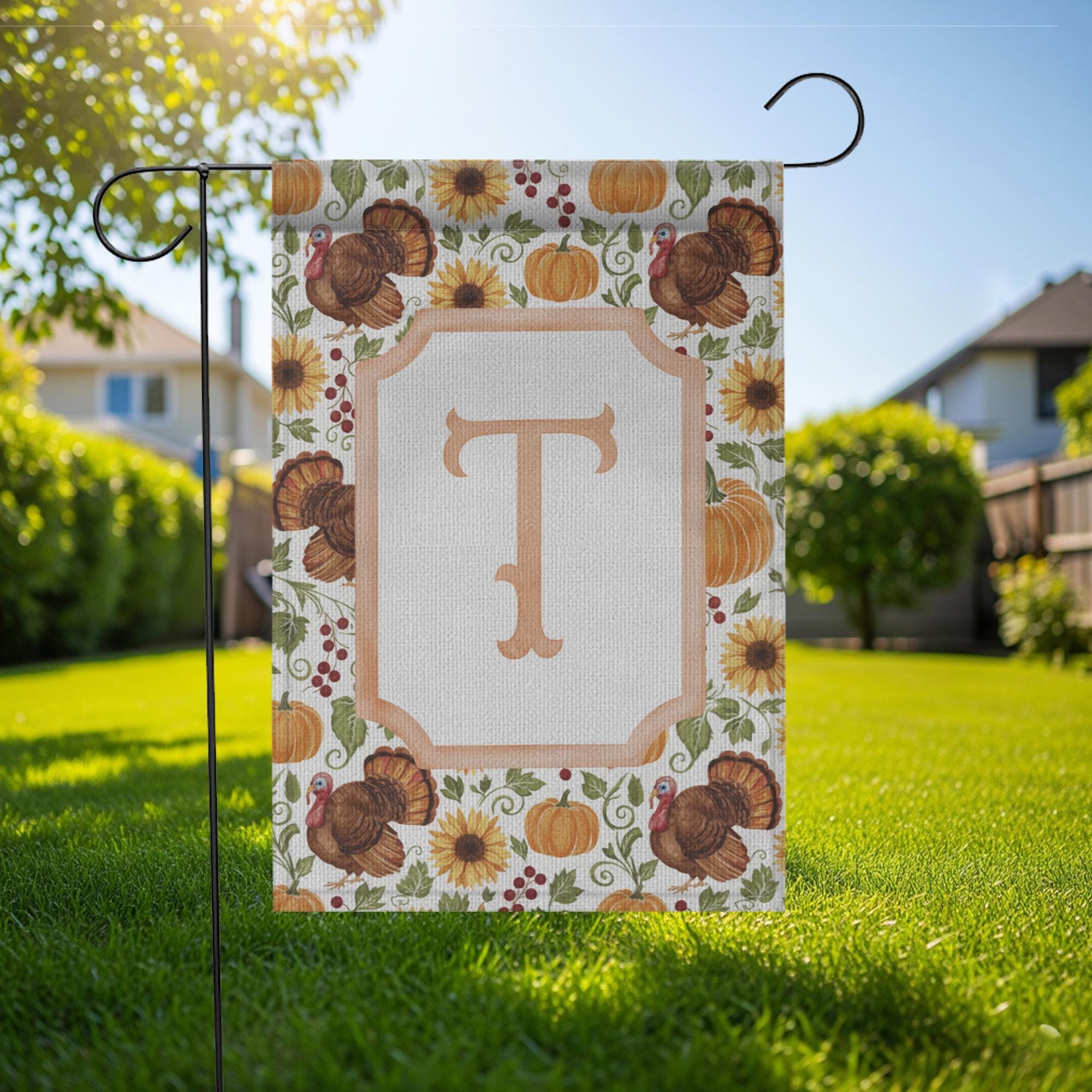 Thanksgiving Garden Flag – Personalized Monogram Fall Yard Decoration with Pumpkins and Turkeys