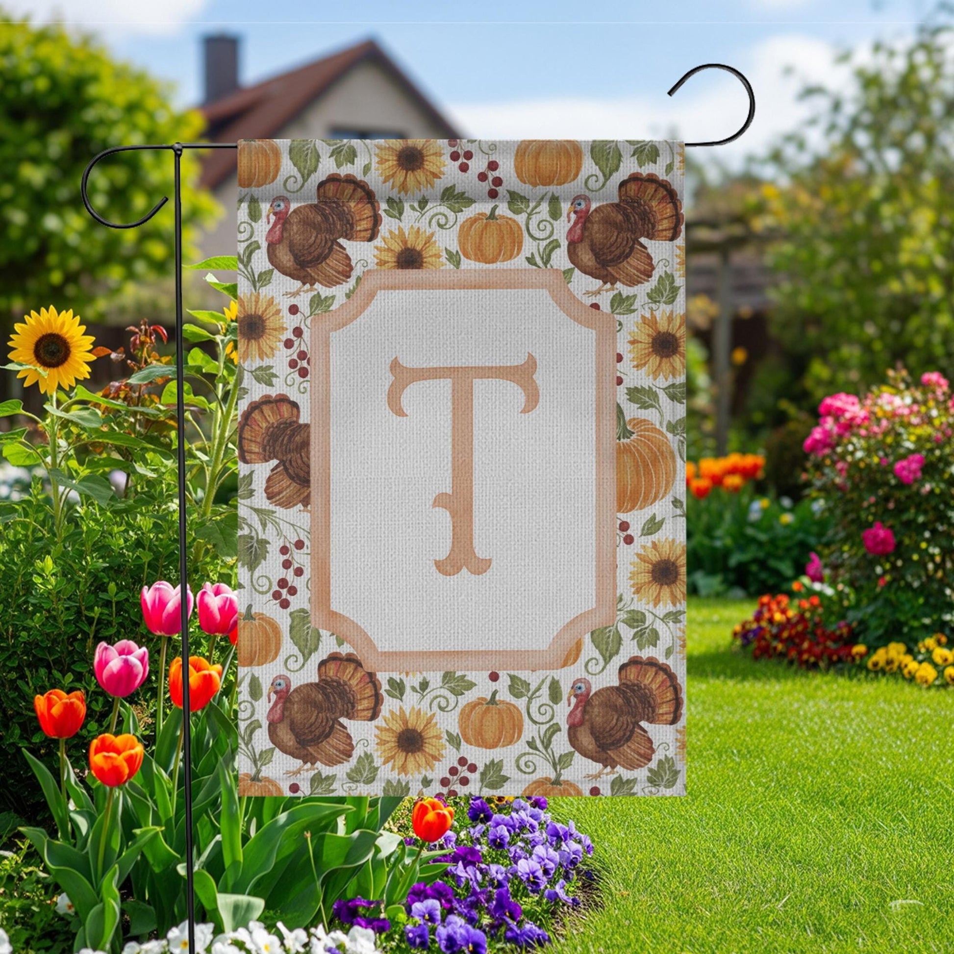 Thanksgiving Garden Flag – Personalized Monogram Fall Yard Decoration with Pumpkins and Turkeys