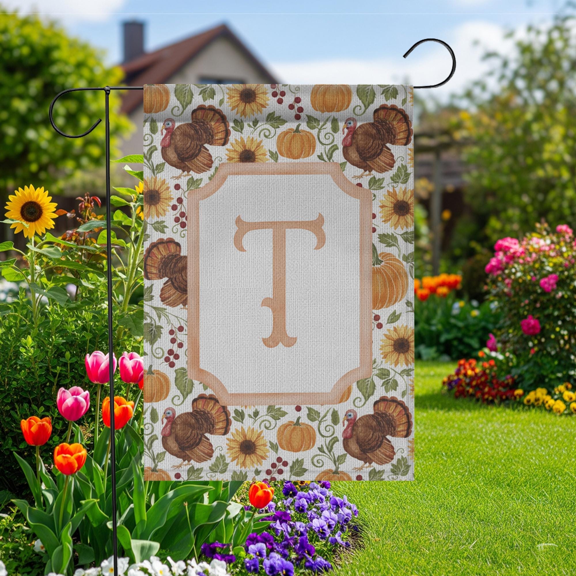 Thanksgiving Garden Flag – Personalized Monogram Fall Yard Decoration with Pumpkins and Turkeys