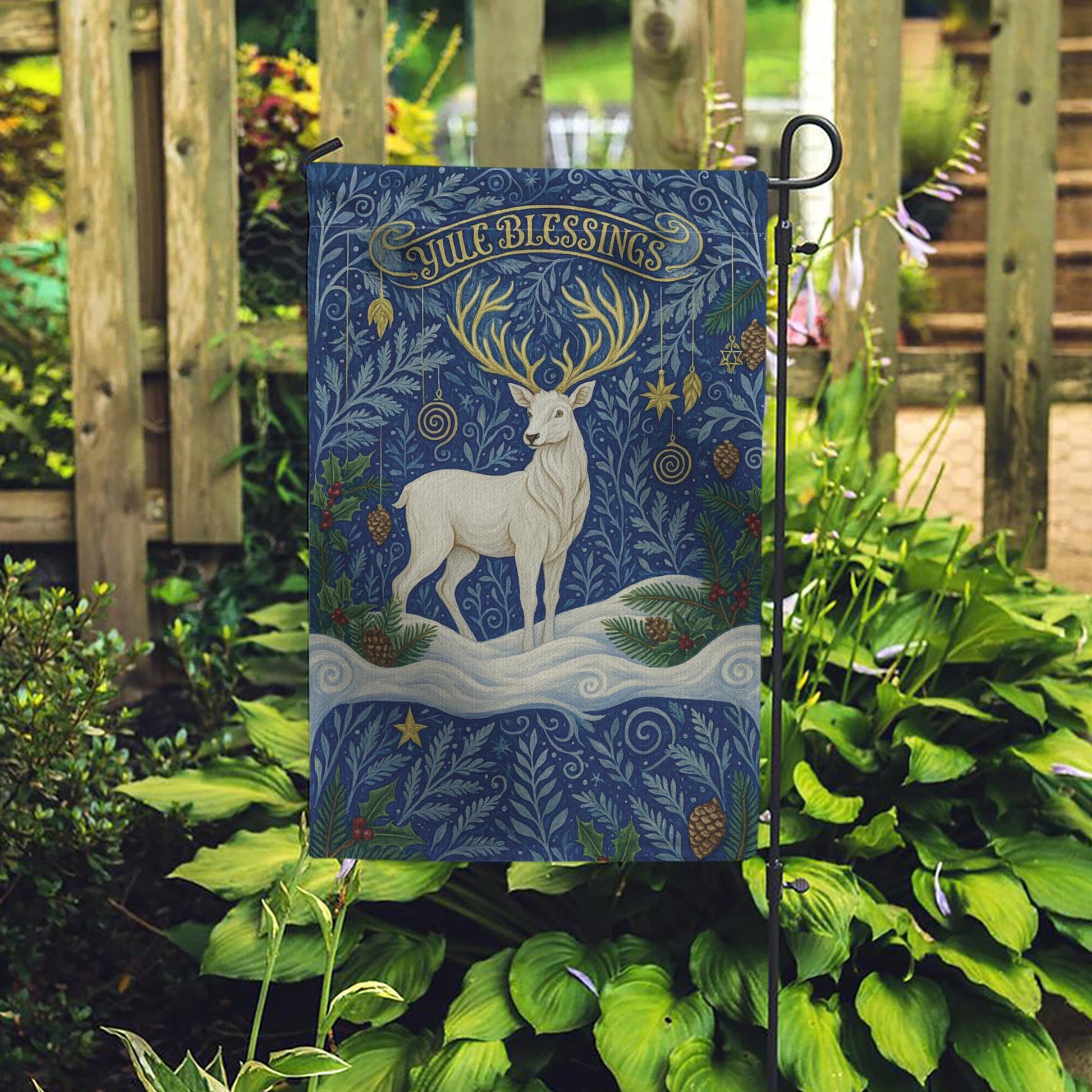 Yule Blessings Garden Flag – Pagan Winter Solstice Yard Decoration with White Stag Design