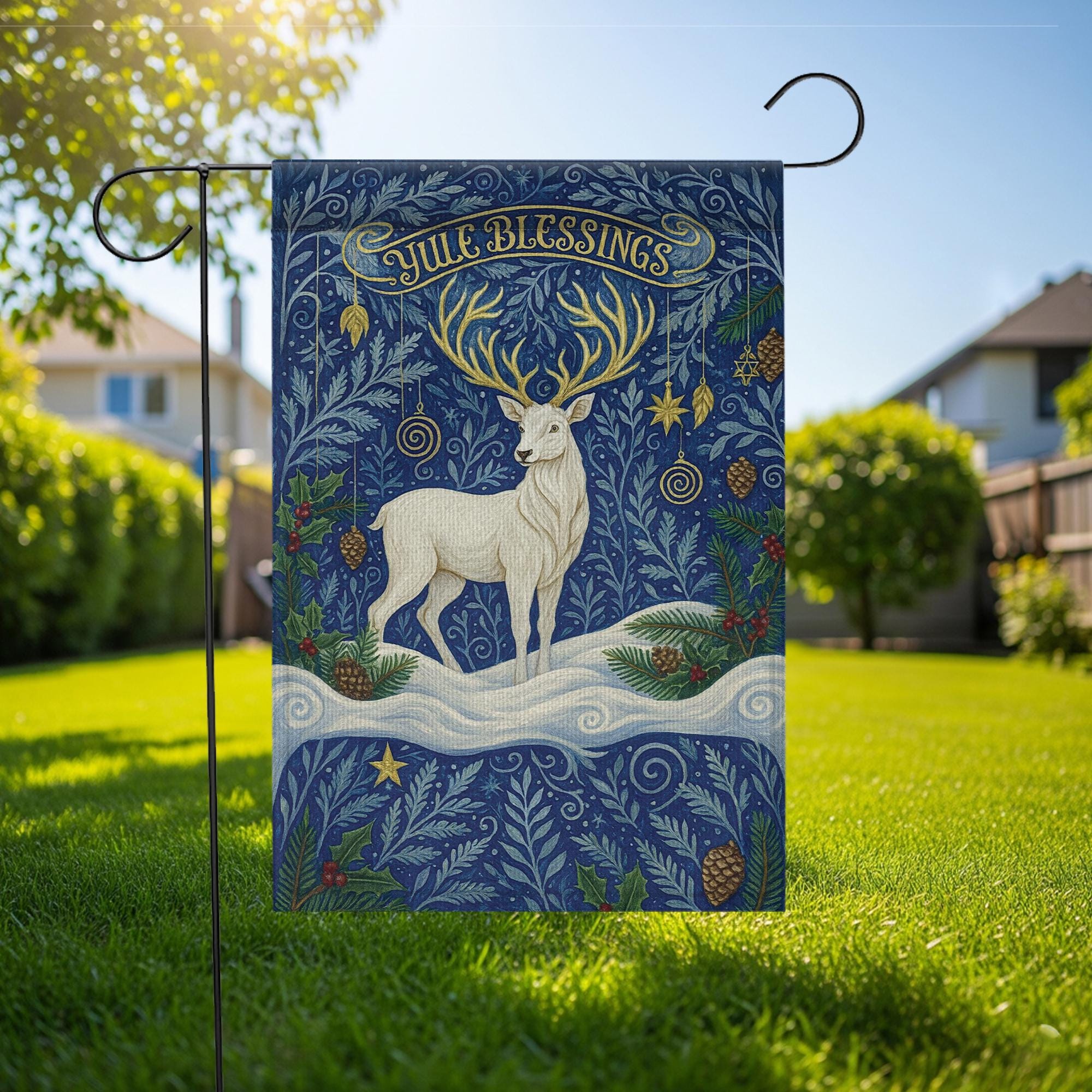 Yule Blessings Garden Flag – Pagan Winter Solstice Yard Decoration with White Stag Design