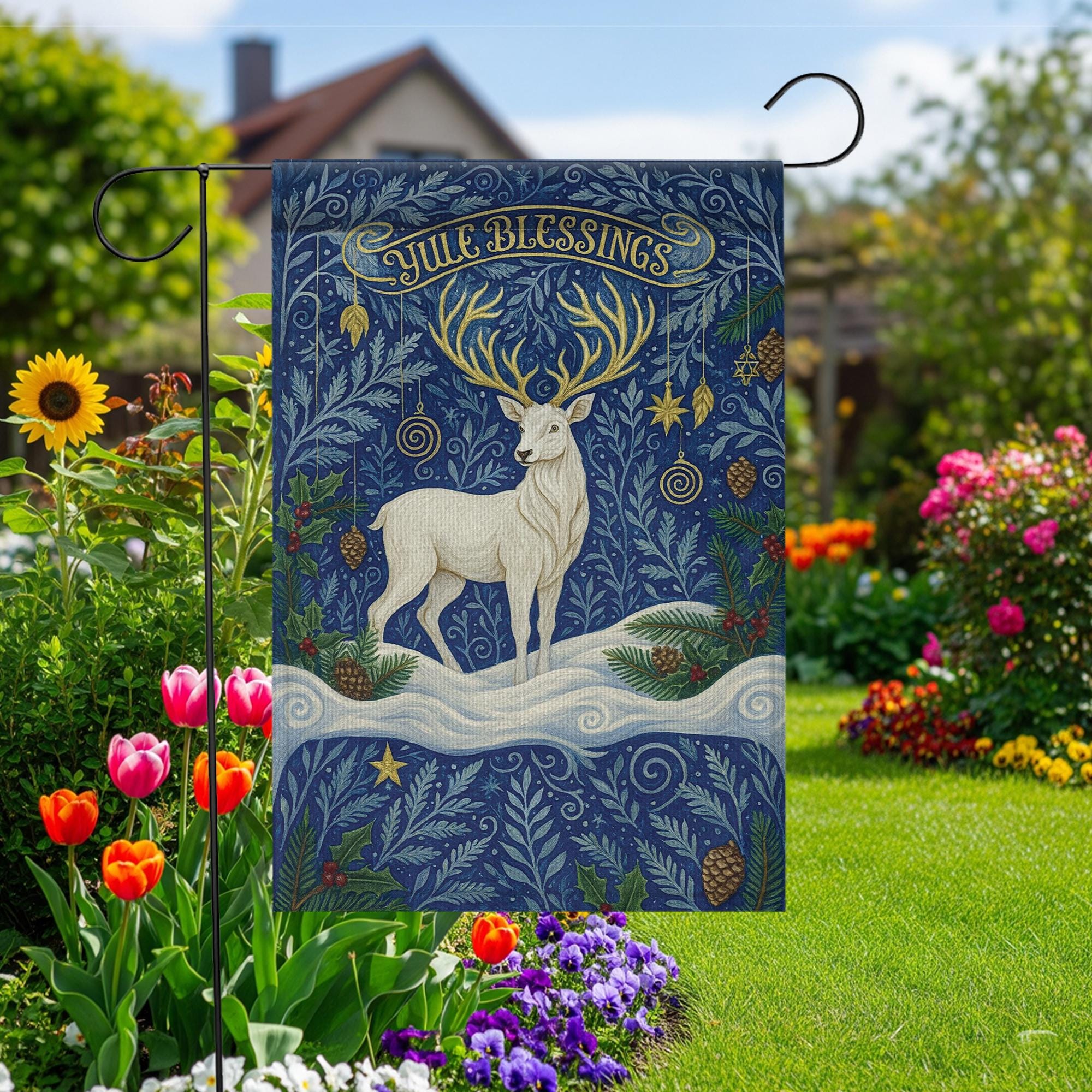 Yule Blessings Garden Flag – Pagan Winter Solstice Yard Decoration with White Stag Design