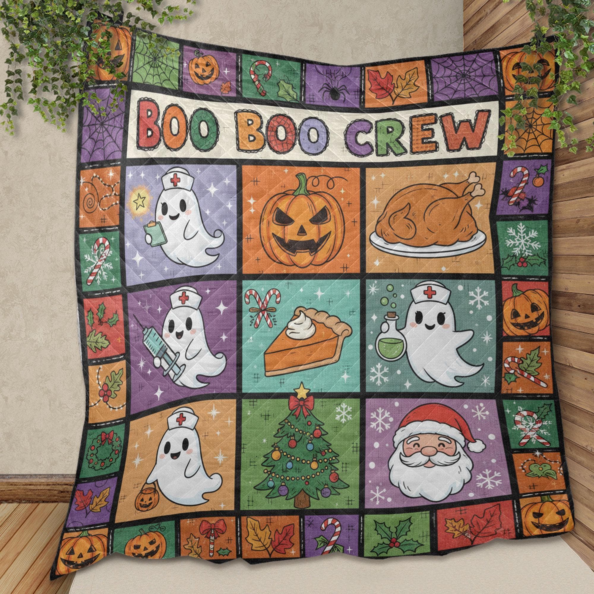 Halloween Quilt Blanket – Ghost Nurse Patchwork, “Boo Boo Crew” Print, Throw