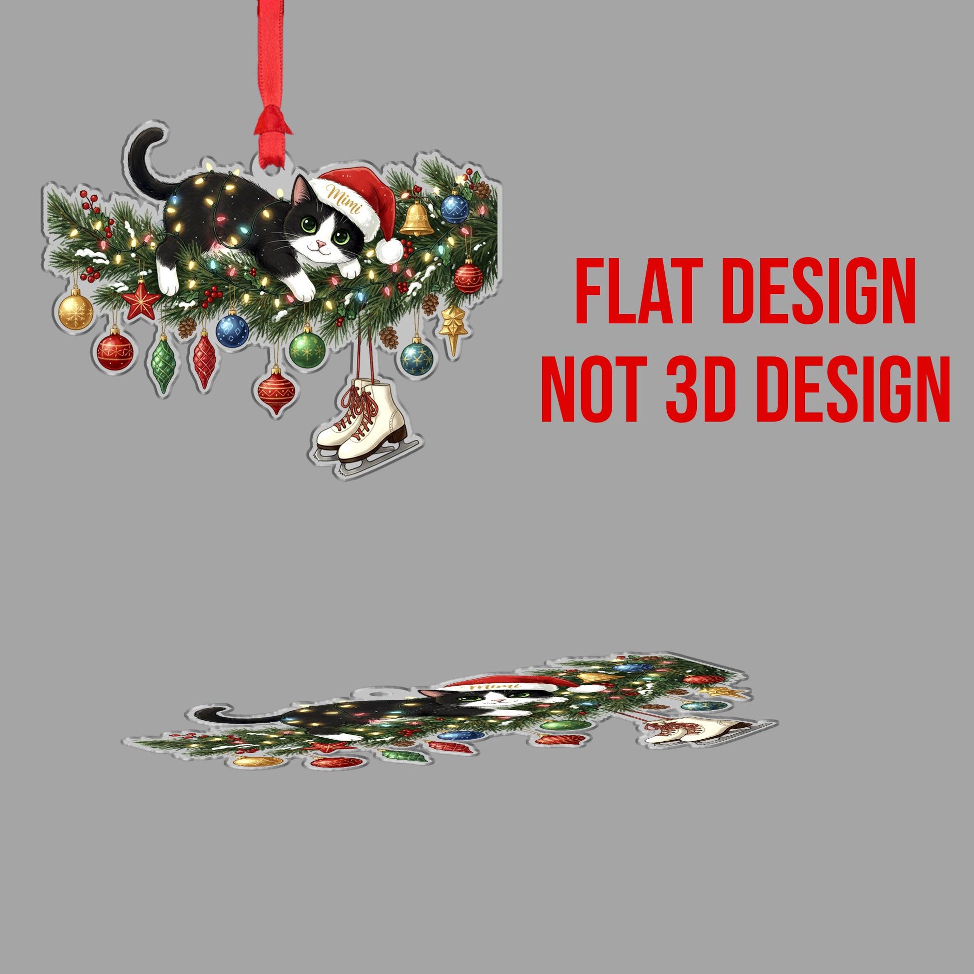 Personalized Cat Christmas Ornament: Santa Hat, Lights Tree
