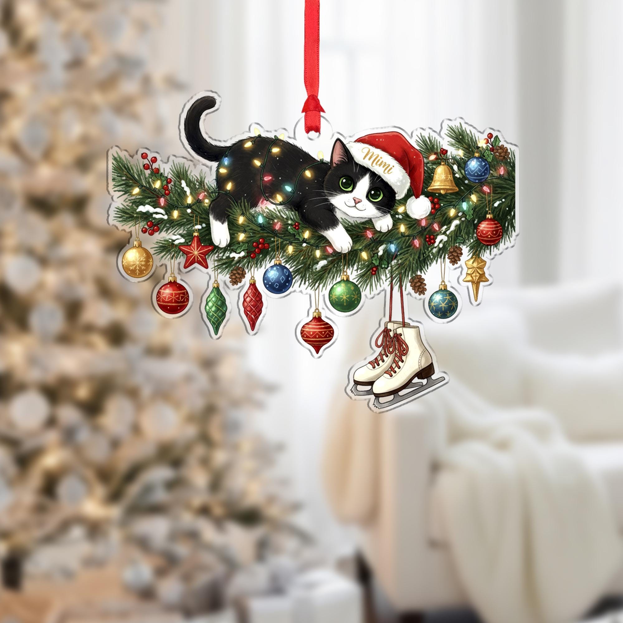 Personalized Cat Christmas Ornament: Santa Hat, Lights Tree