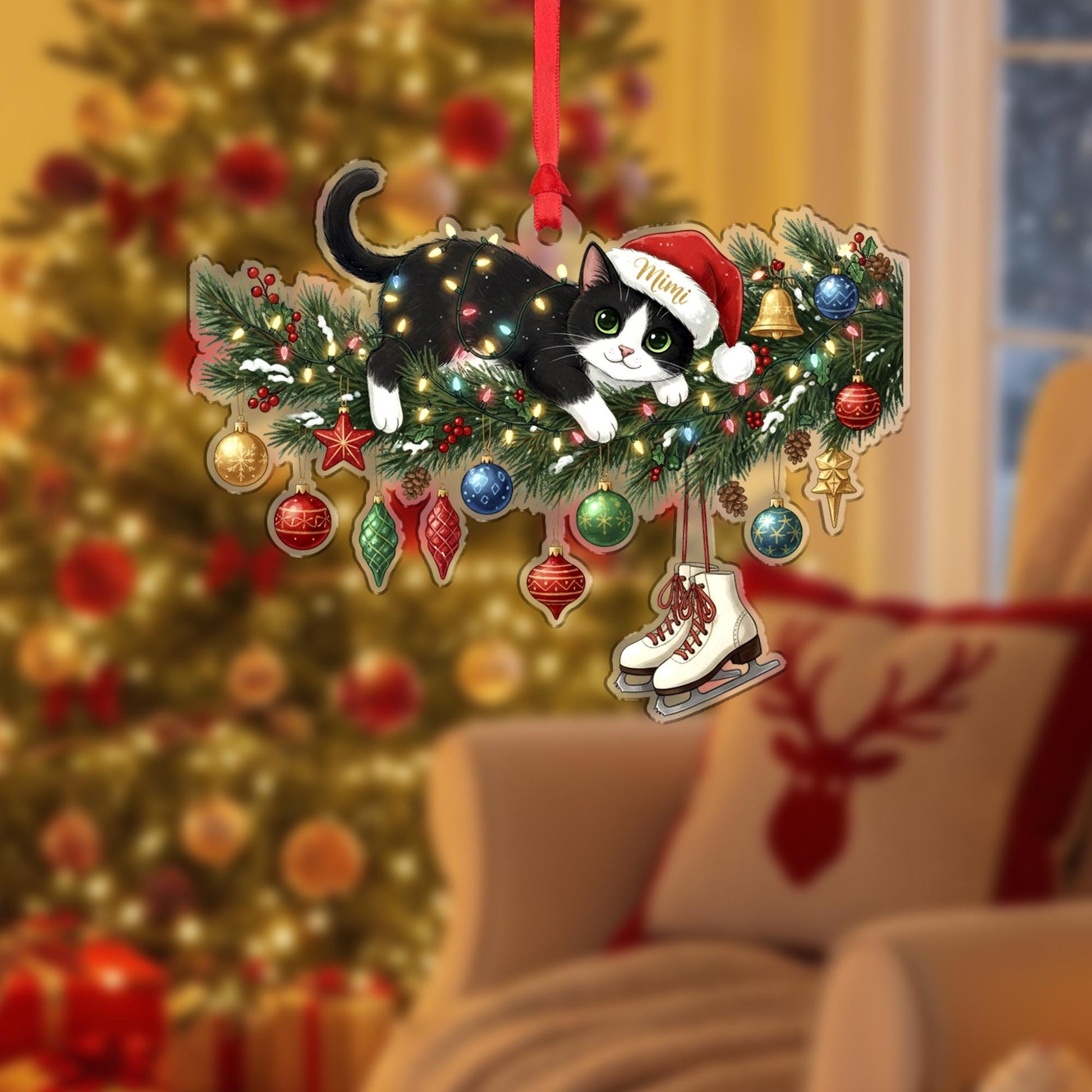 Personalized Cat Christmas Ornament: Santa Hat, Lights Tree