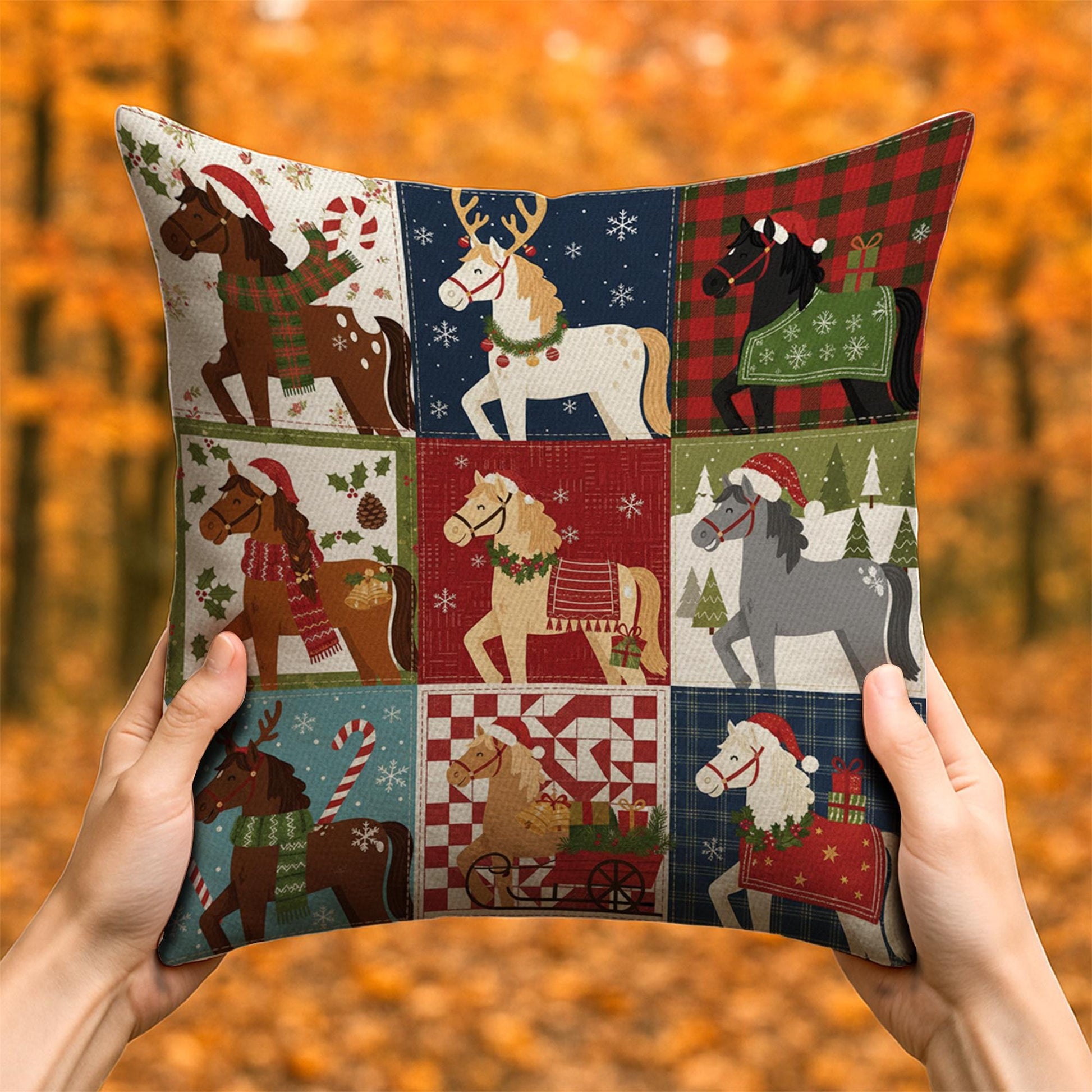 Christmas Horse Pillow – Farmhouse Holiday Cushion with Festive Winter Horse Design