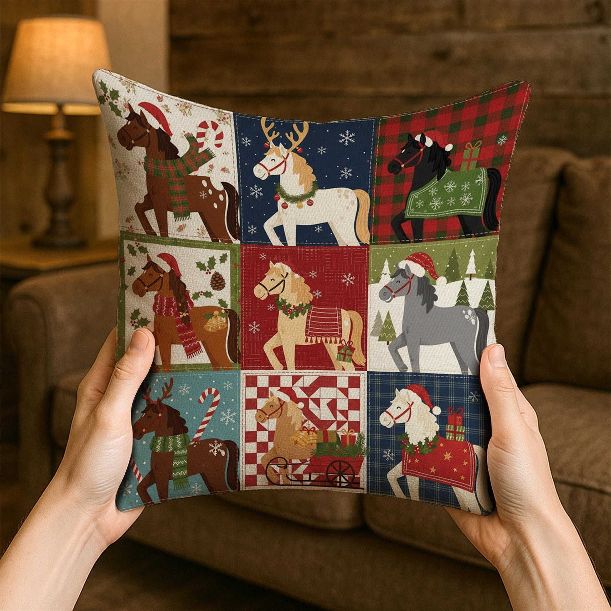Christmas Horse Pillow – Farmhouse Holiday Cushion with Festive Winter Horse Design