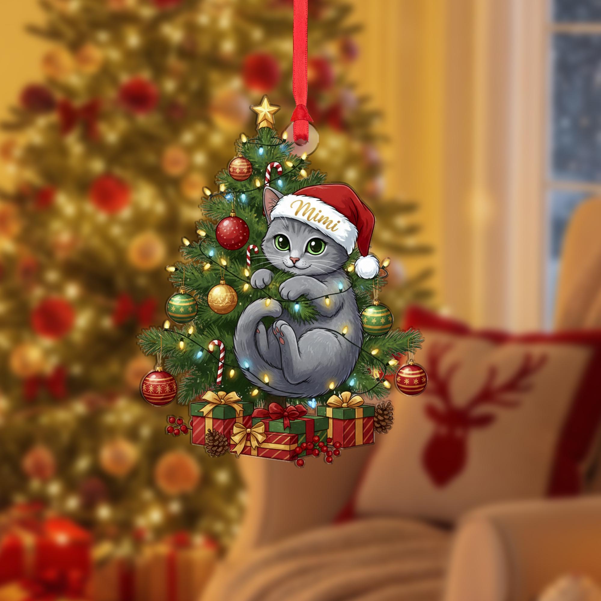 Personalized Cat Christmas Ornament: Santa Hat, Eco-Friendly Wood