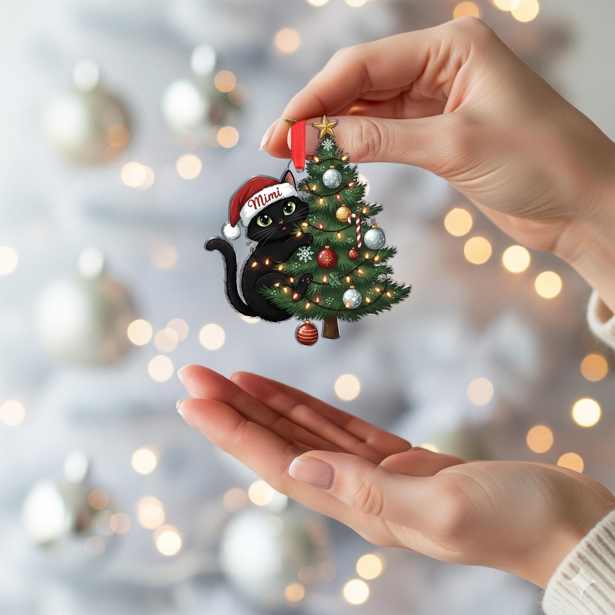 Personalized Black Cat Christmas Ornament: Custom Pet Name Holiday Tree Decoration