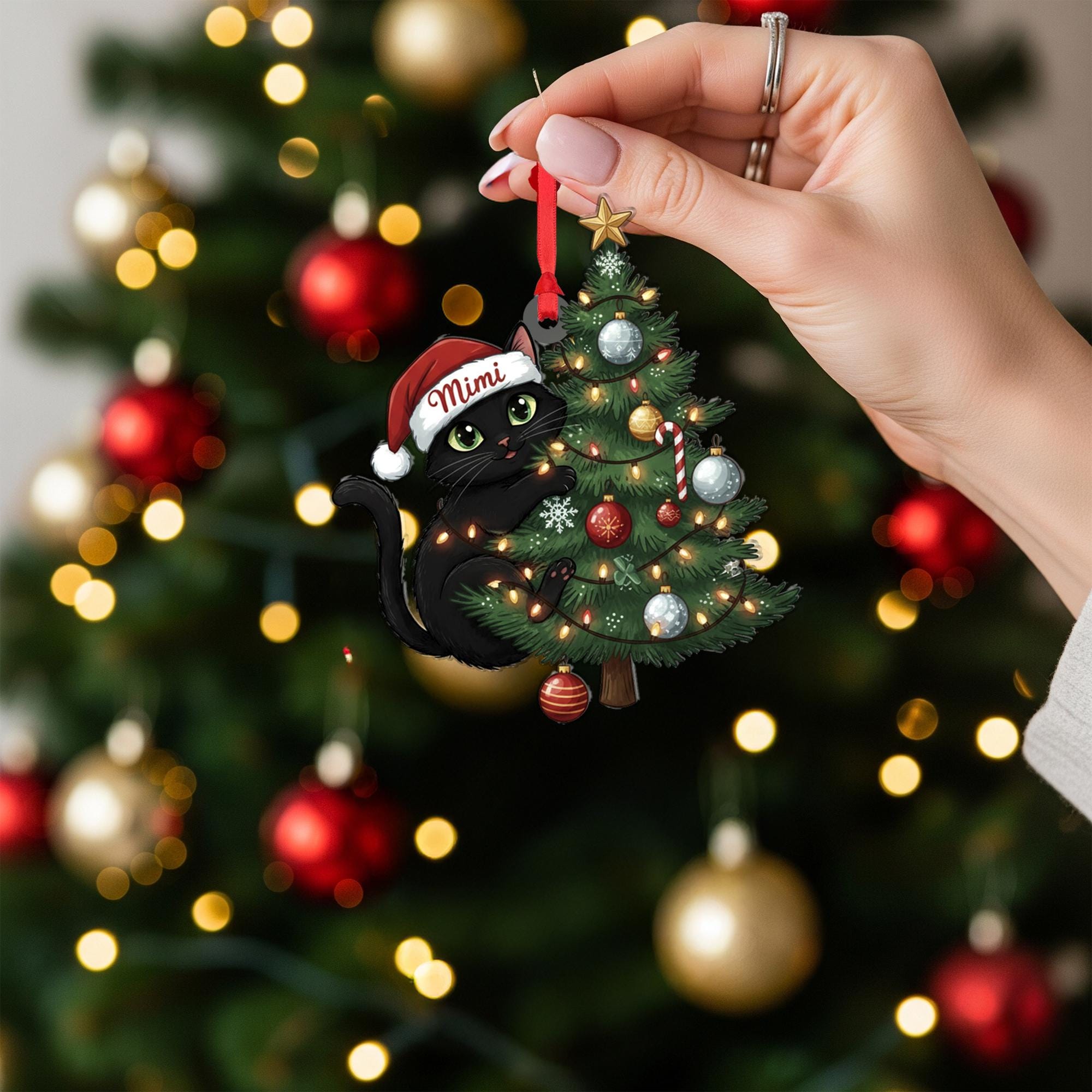 Personalized Black Cat Christmas Ornament: Custom Pet Name Holiday Tree Decoration