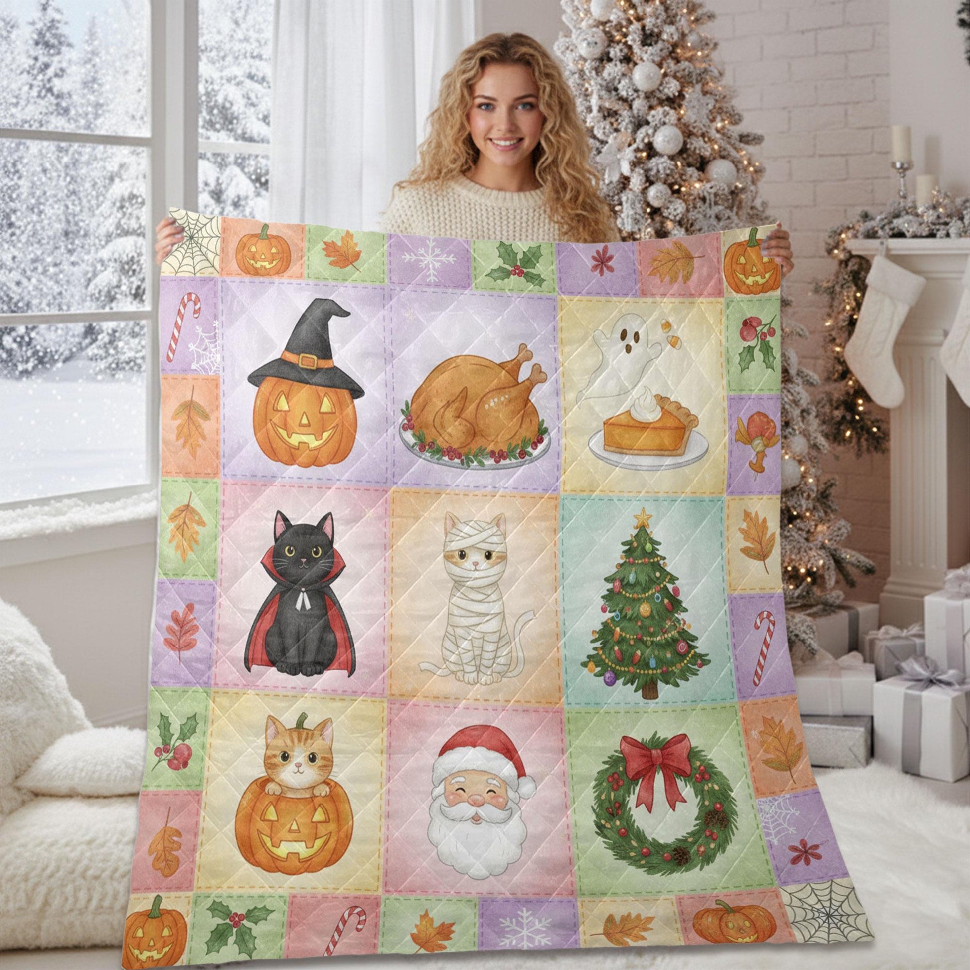 Halloween Cat Quilt Blanket – Patchwork Throw, Printed Blocks, Pastel, Santa & Pumpkin