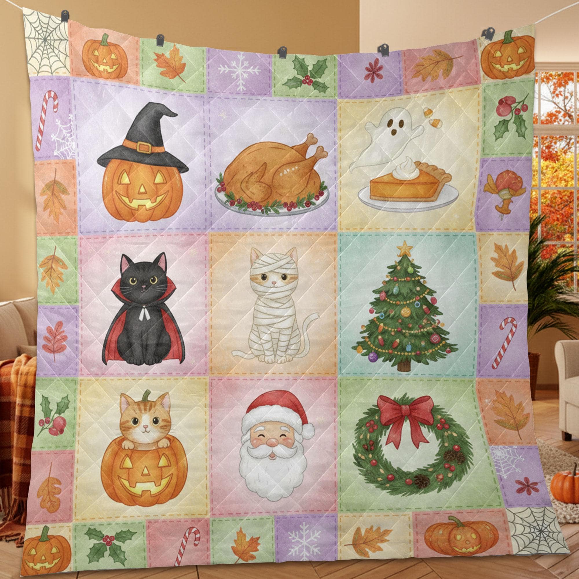 Halloween Cat Quilt Blanket – Patchwork Throw, Printed Blocks, Pastel, Santa & Pumpkin