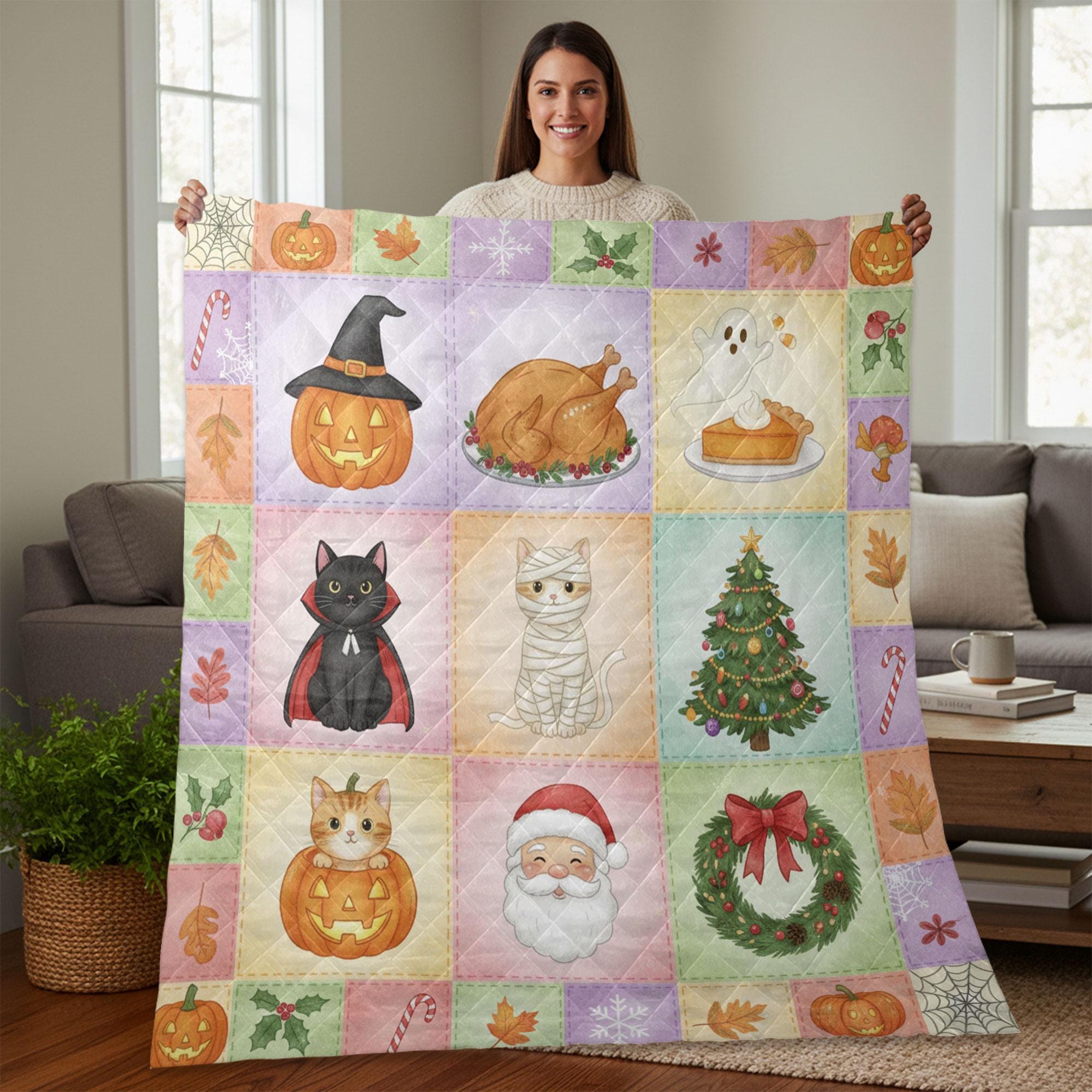 Halloween Cat Quilt Blanket – Patchwork Throw, Printed Blocks, Pastel, Santa & Pumpkin