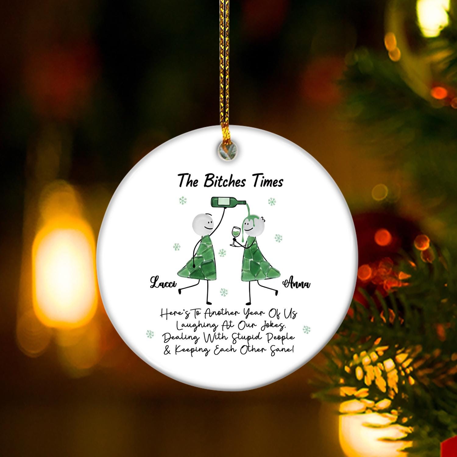 Personalized Ceramic Ornament – Funny Stick Figure Friends Drinking Design, Christmas Tree Decoration