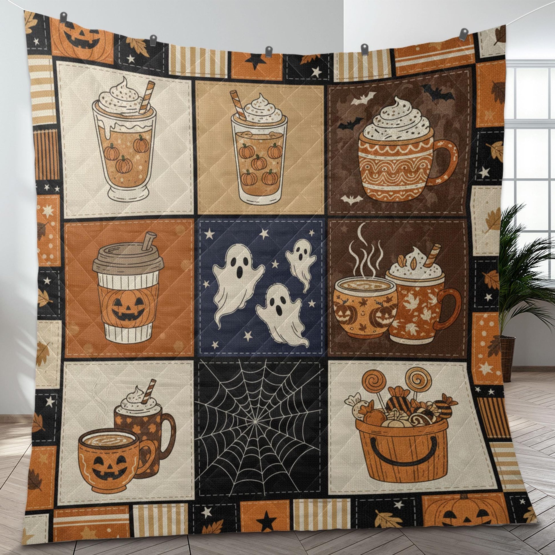 Halloween Coffee Quilt Blanket – Patchwork Throw, Pumpkin Mugs & Ghosts, Printed