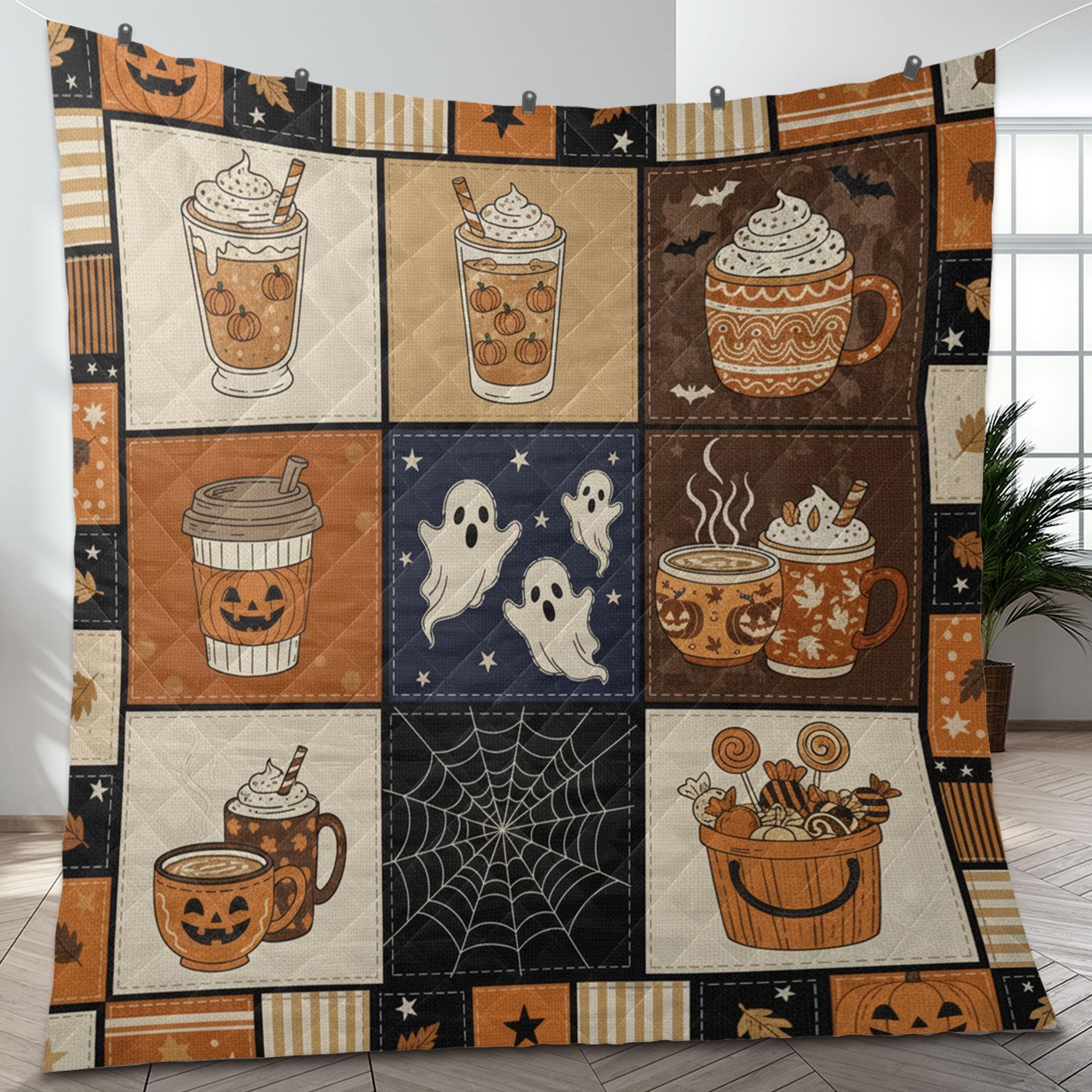 Halloween Coffee Quilt Blanket – Patchwork Throw, Pumpkin Mugs & Ghosts, Printed