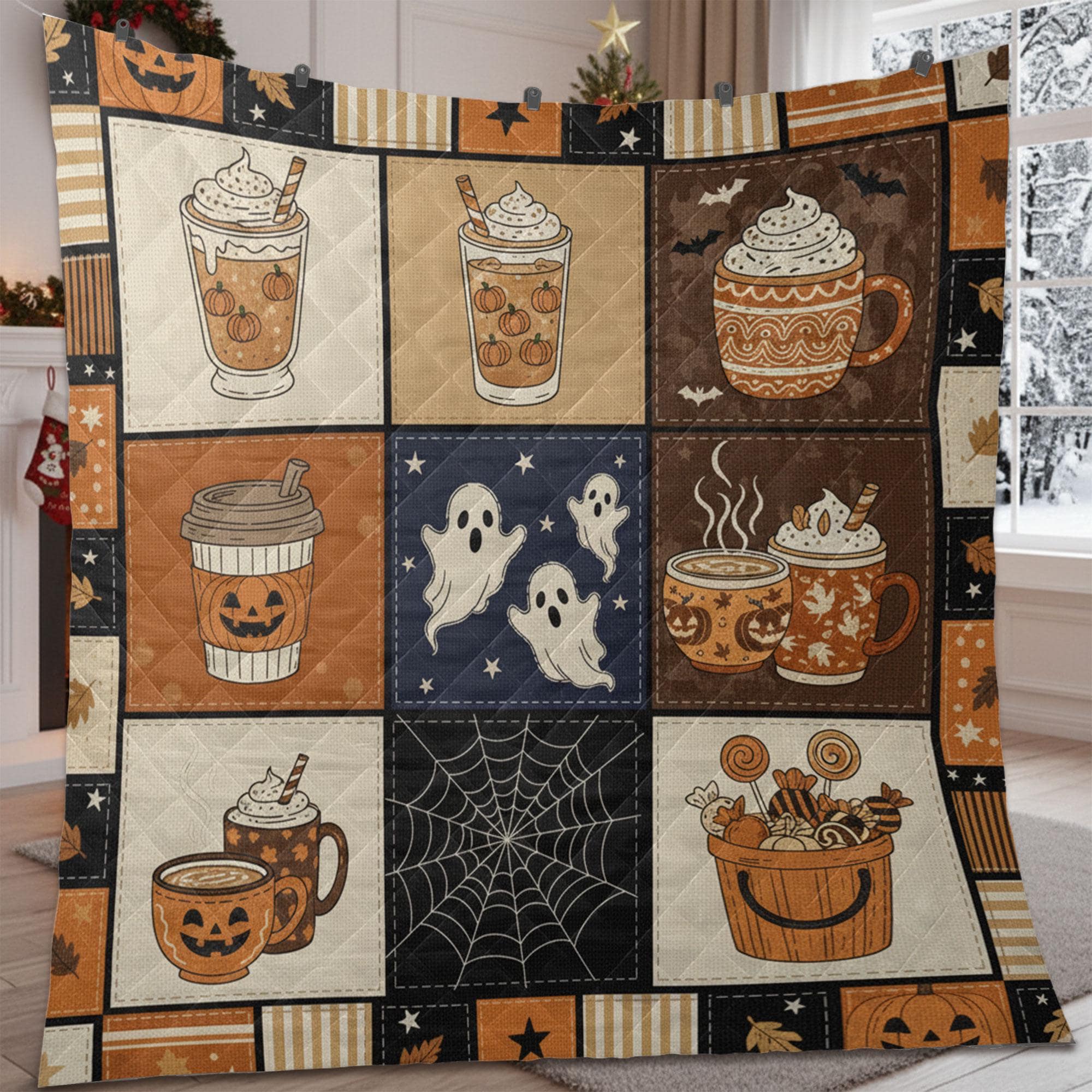 Halloween Coffee Quilt Blanket – Patchwork Throw, Pumpkin Mugs & Ghosts, Printed