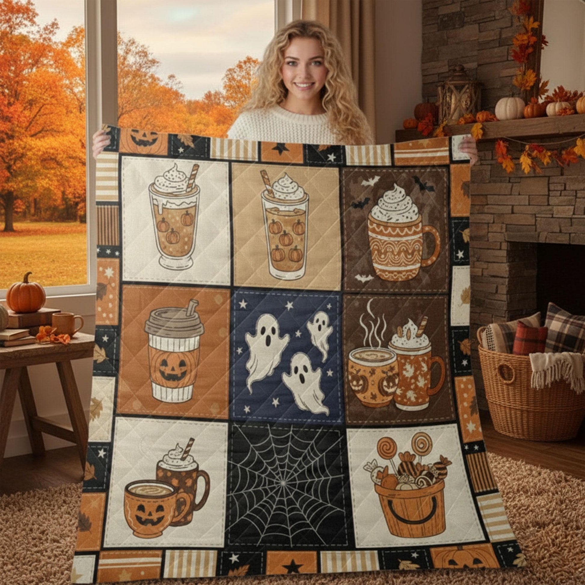 Halloween Coffee Quilt Blanket – Patchwork Throw, Pumpkin Mugs & Ghosts, Printed
