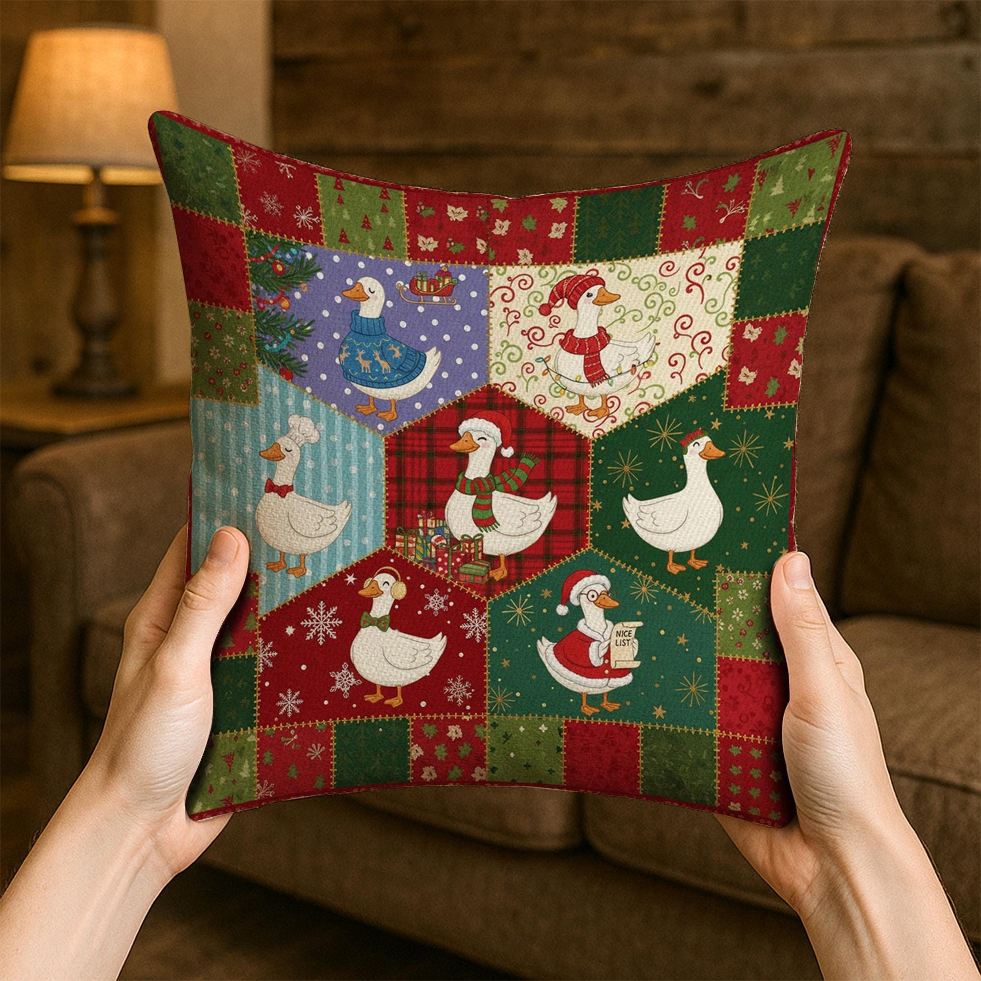 Christmas Goose Pillow – Farmhouse Holiday Cushion with Festive Winter Goose Design