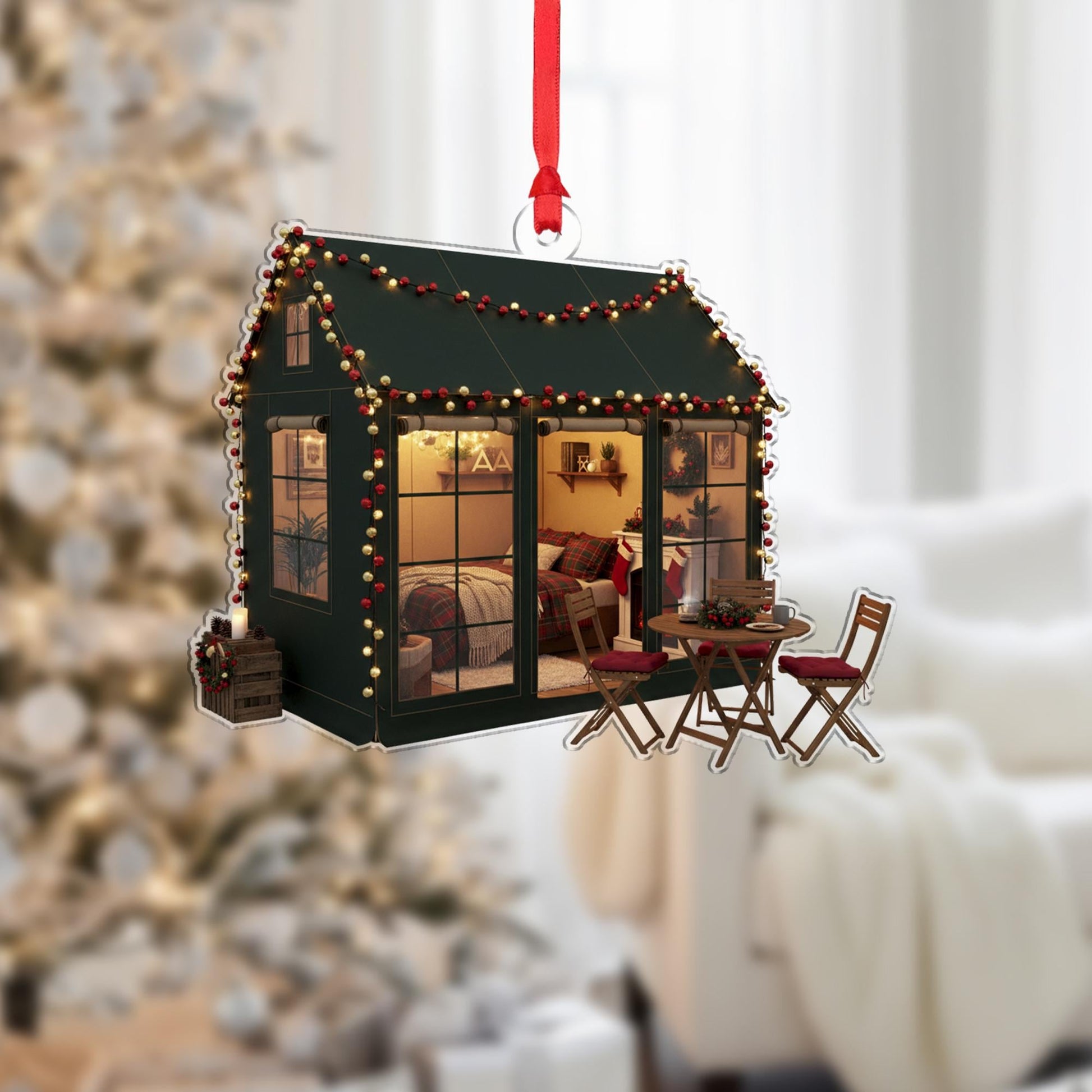 Tiny House Christmas Ornament: Rustic Winter Lodge Ornament
