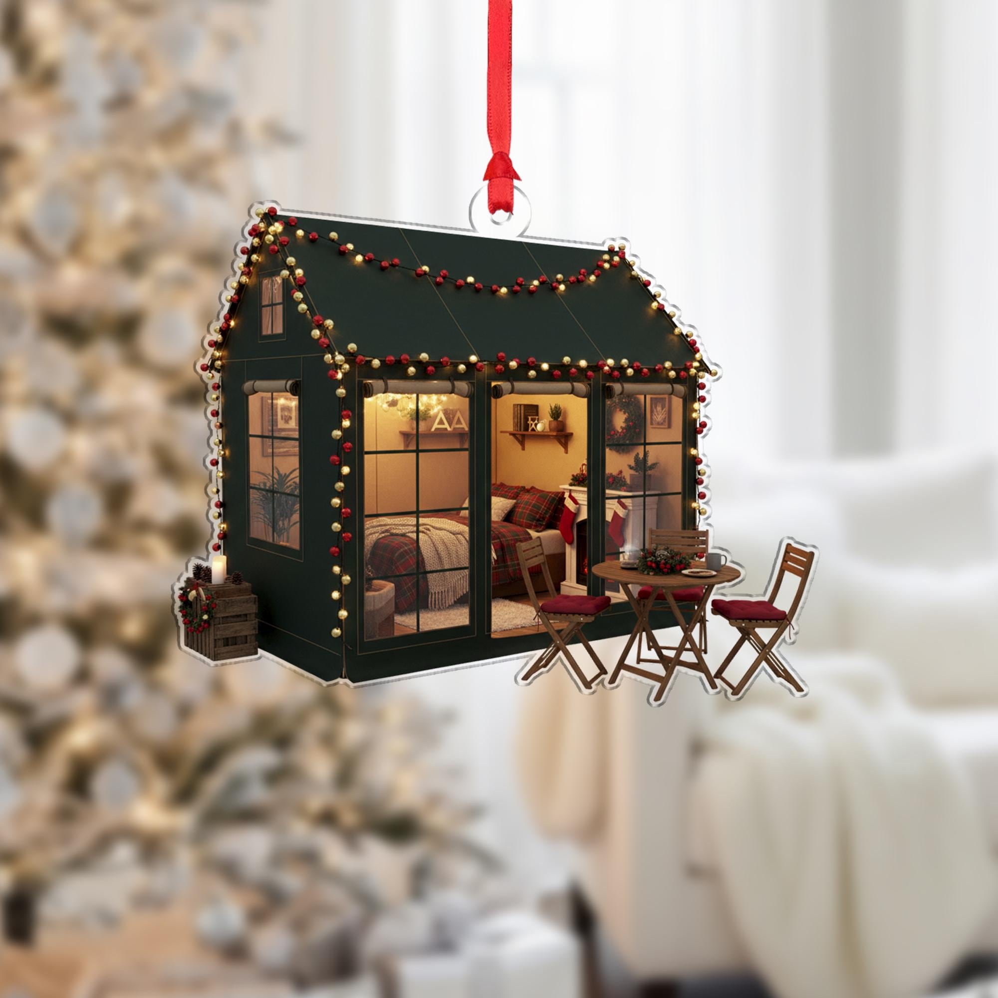 Tiny House Christmas Ornament: Rustic Winter Lodge Ornament