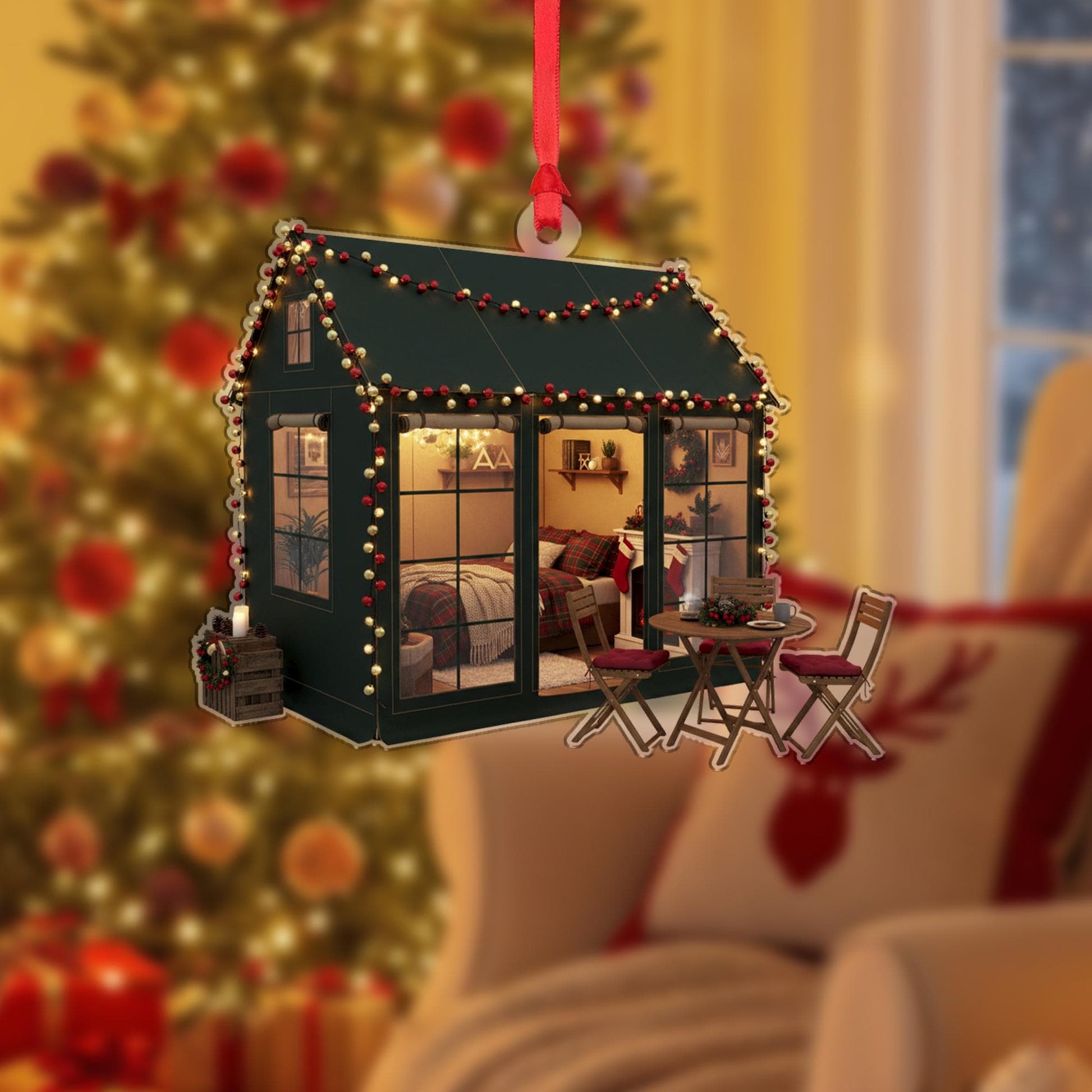 Tiny House Christmas Ornament: Rustic Winter Lodge Ornament