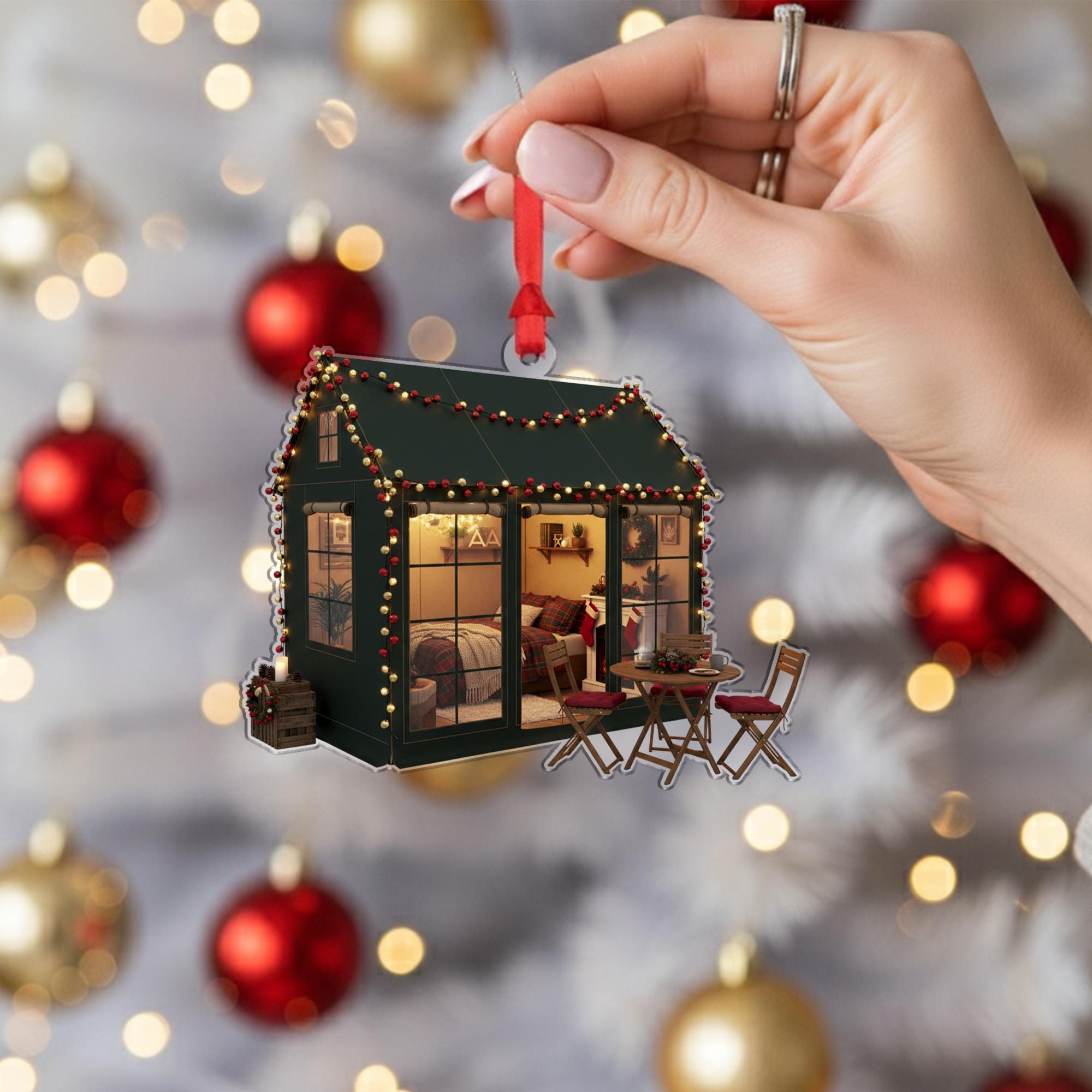 Tiny House Christmas Ornament: Rustic Winter Lodge Ornament