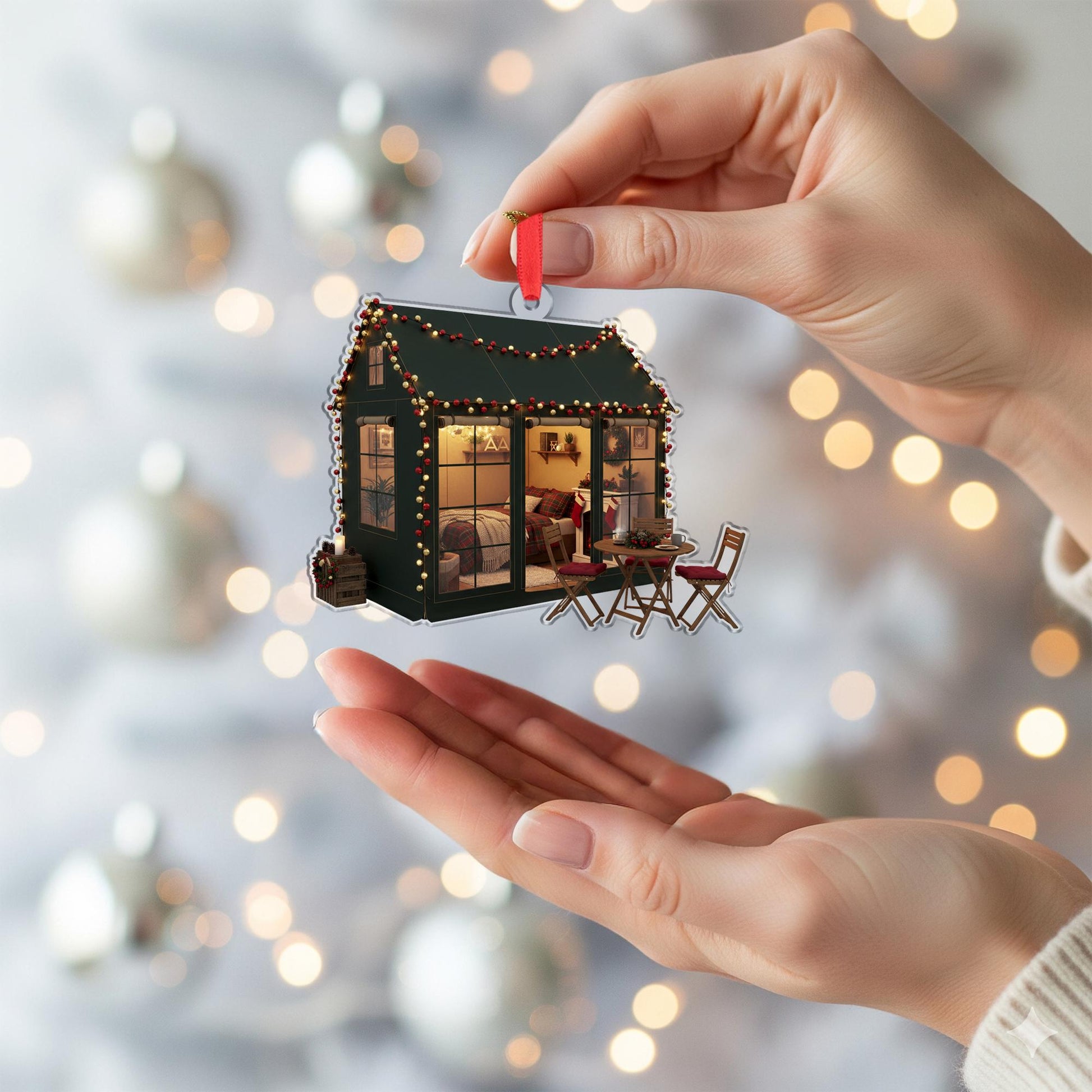 Tiny House Christmas Ornament: Rustic Winter Lodge Ornament