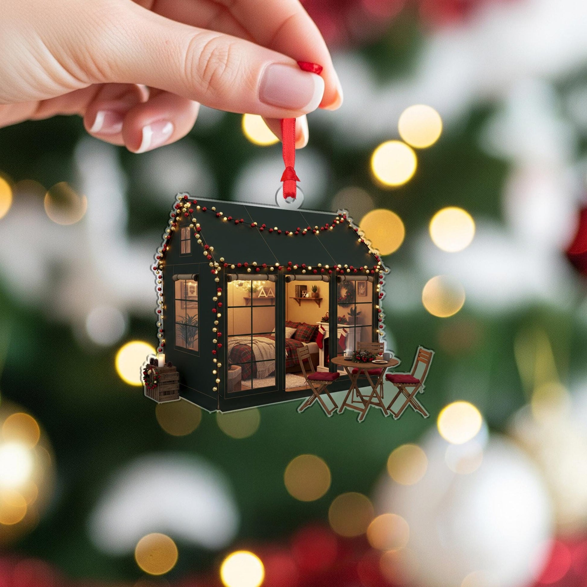 Tiny House Christmas Ornament: Rustic Winter Lodge Ornament