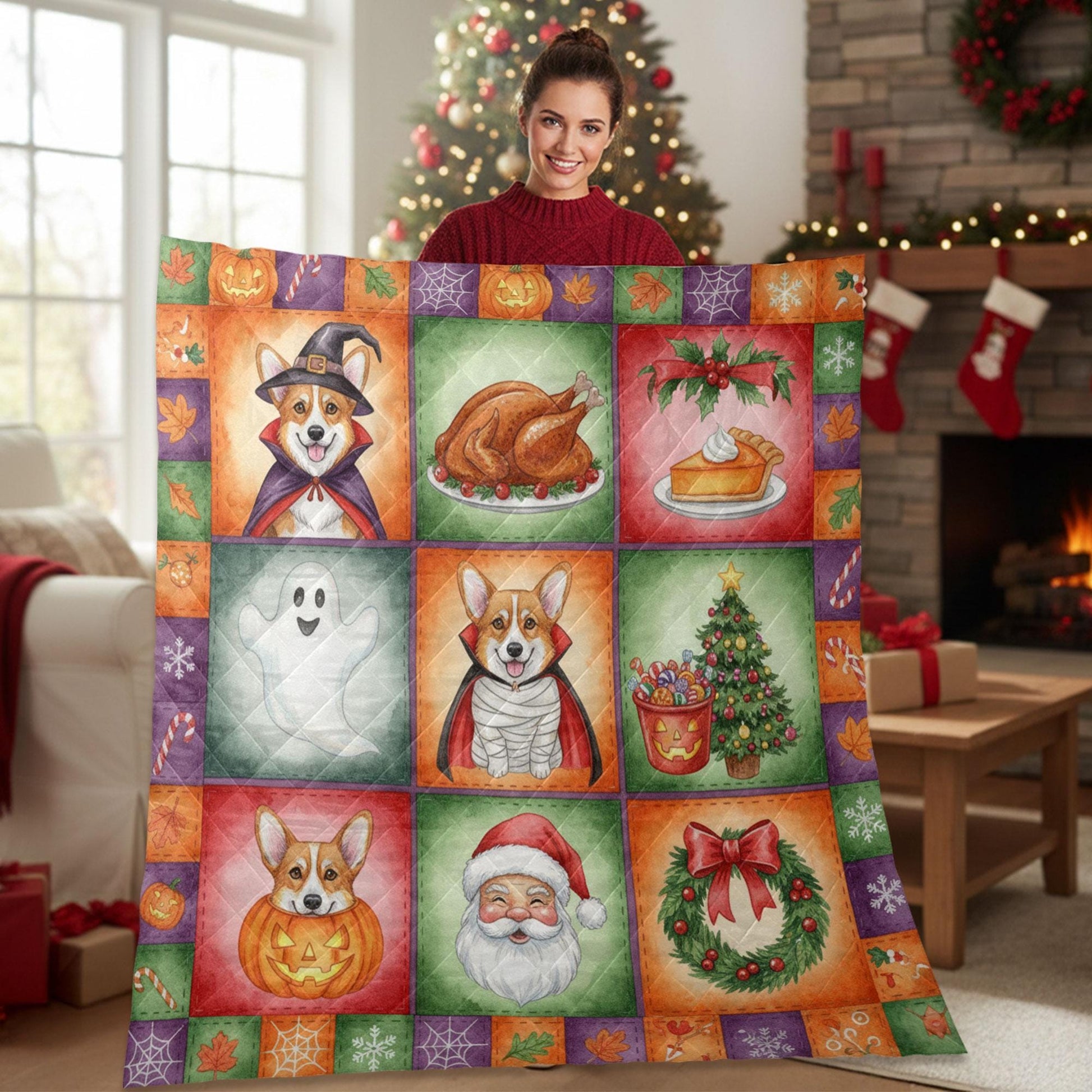 Corgi Halloween Quilt Blanket – Patchwork Throw, Printed Blocks, Santa & Pumpkin