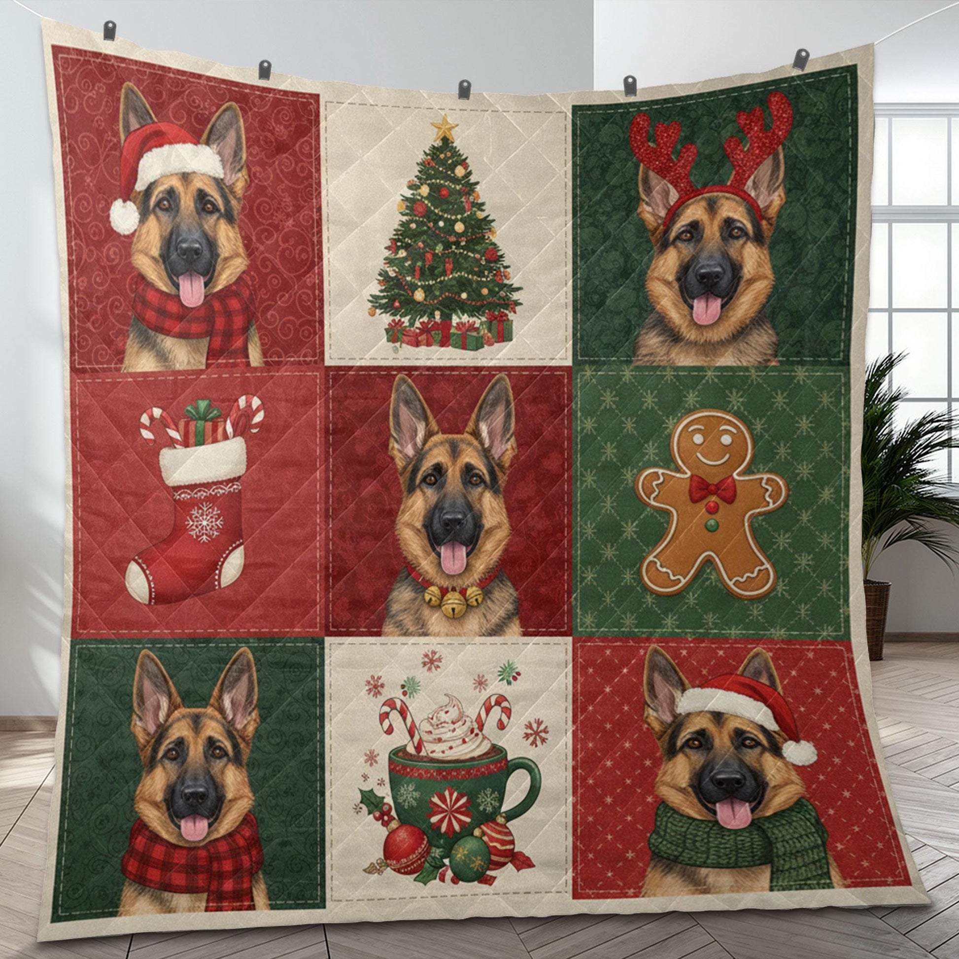 German Shepherd Christmas Quilt Blanket – Patchwork Throw, Printed Dog Panels