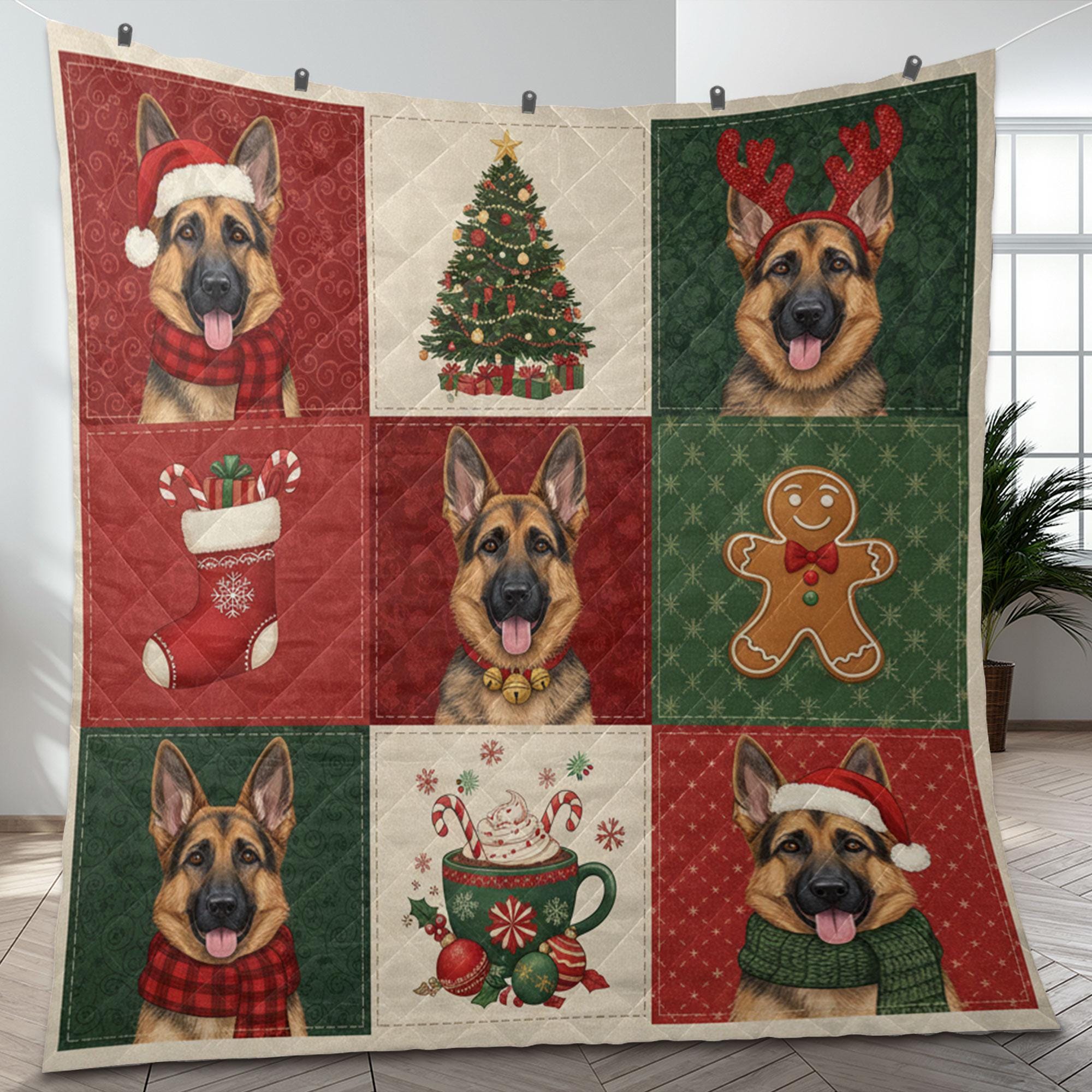 German Shepherd Christmas Quilt Blanket – Patchwork Throw, Printed Dog Panels