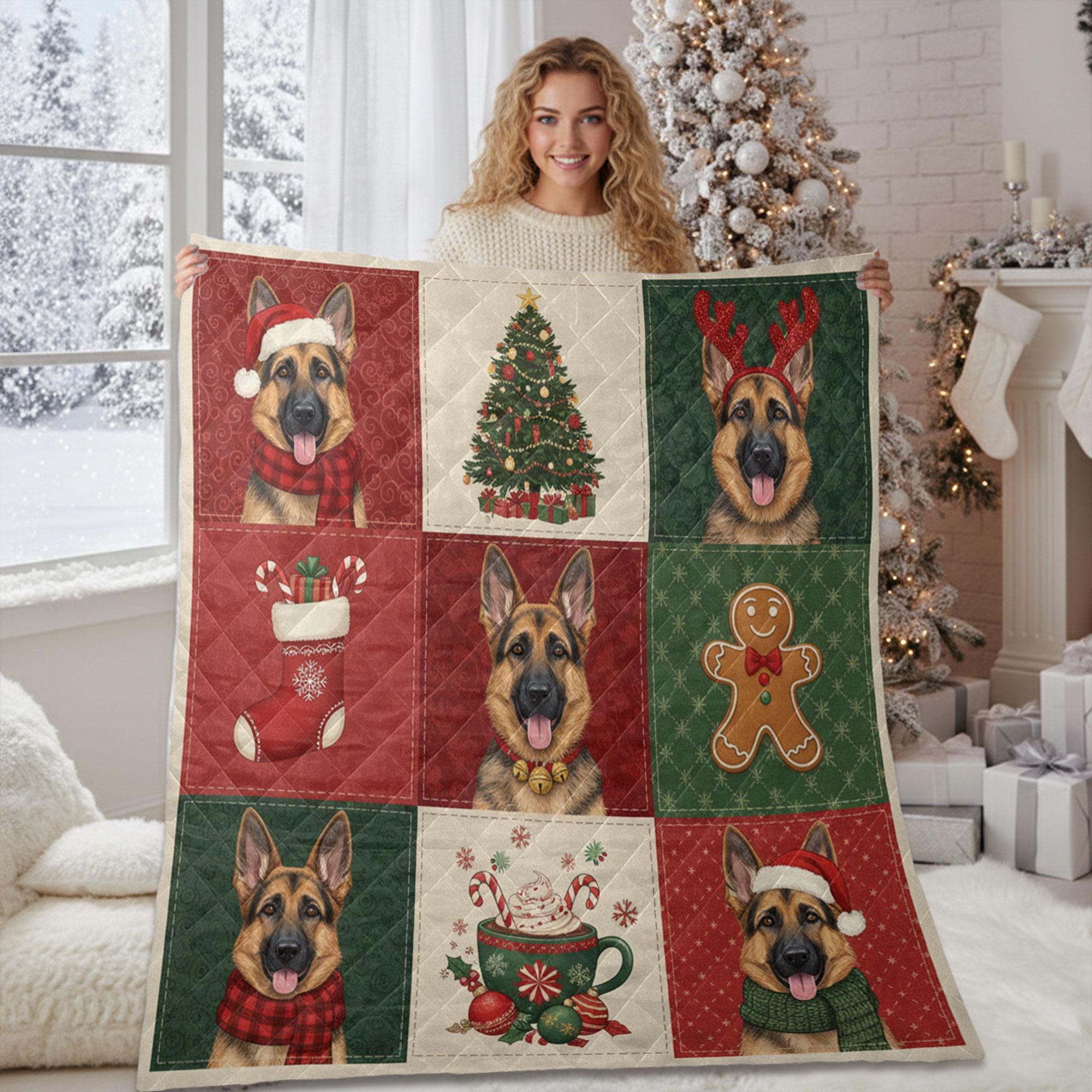 German Shepherd Christmas Quilt Blanket – Patchwork Throw, Printed Dog Panels