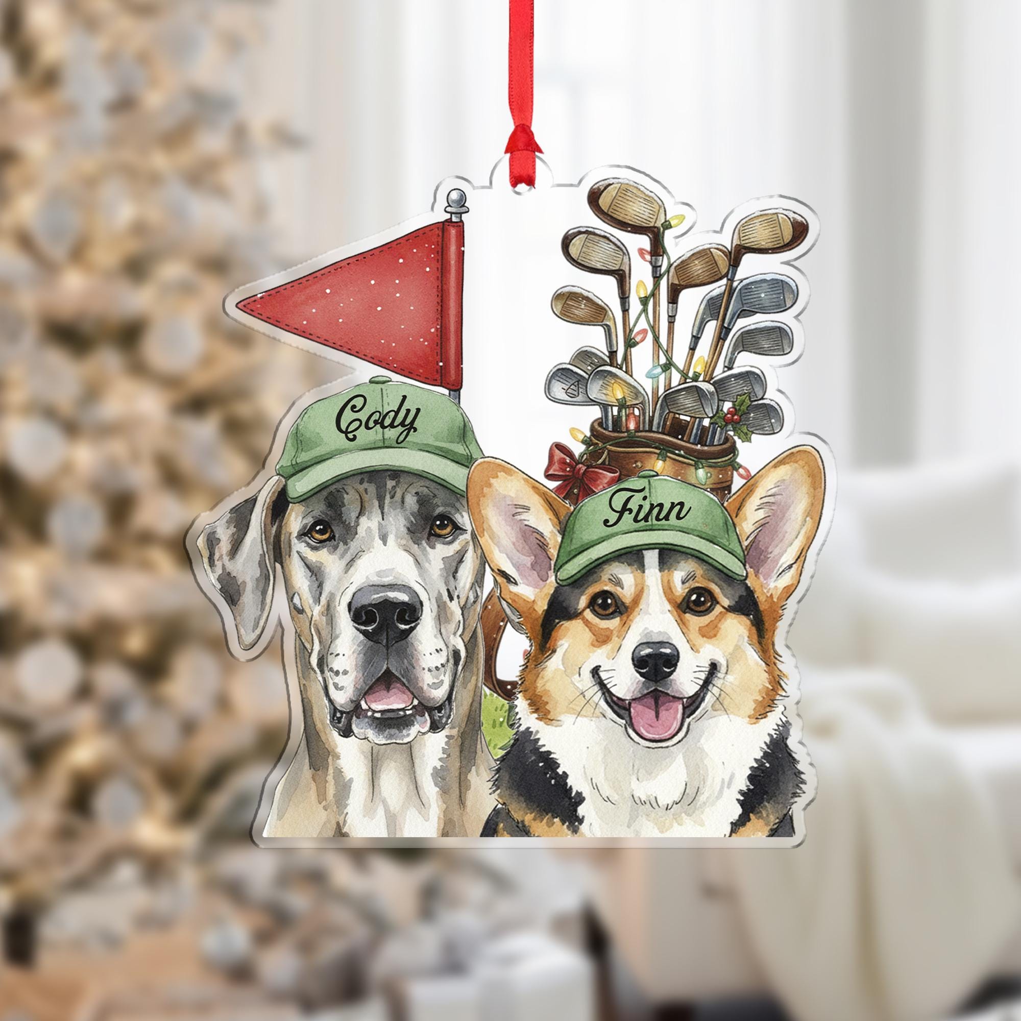 Personalized Dog Golf Ornament, Great Dane Corgi Christmas Tree Decoration, Custom Pet Name Holiday Gift, Golf Lover Dog Ornament