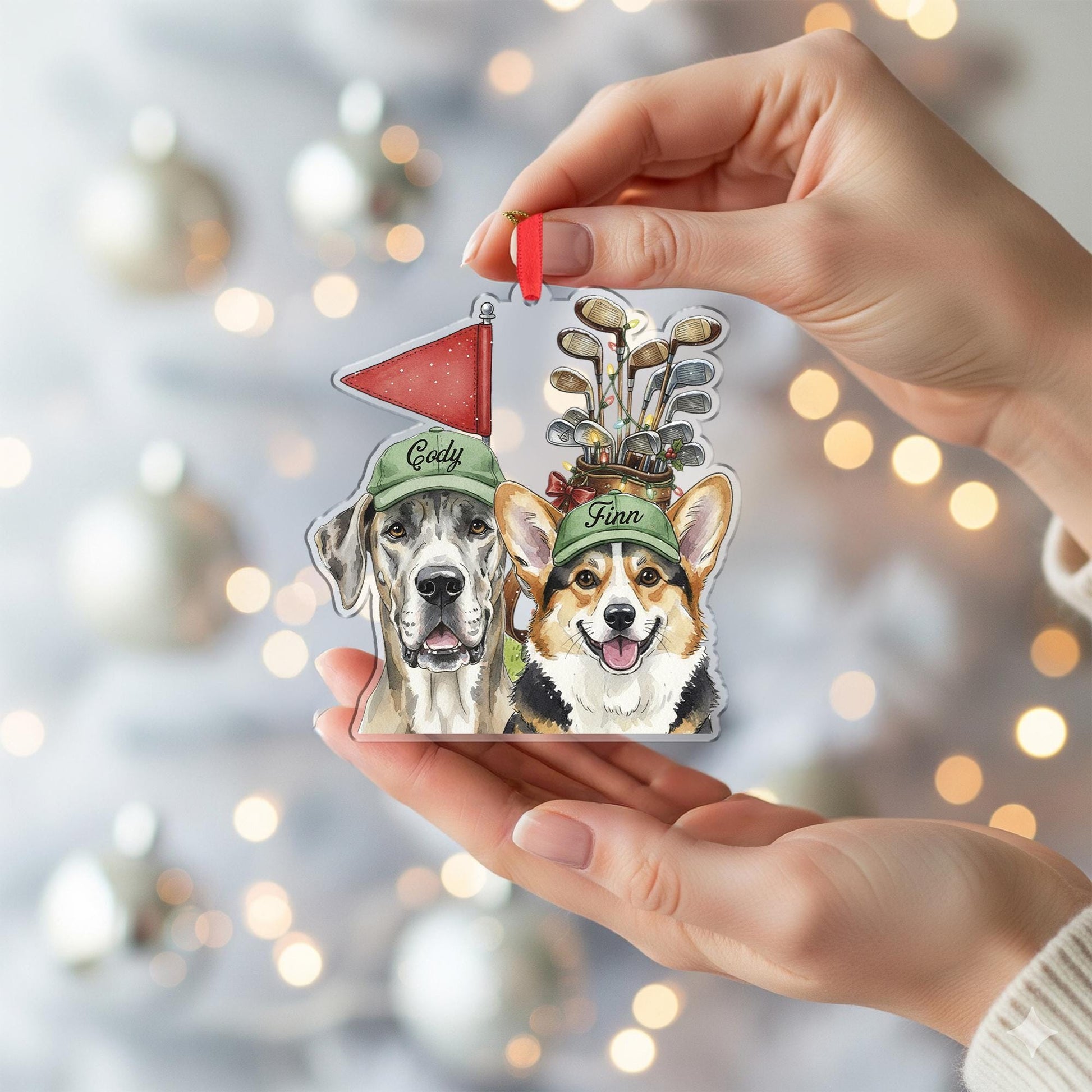 Personalized Dog Golf Ornament, Great Dane Corgi Christmas Tree Decoration, Custom Pet Name Holiday Gift, Golf Lover Dog Ornament