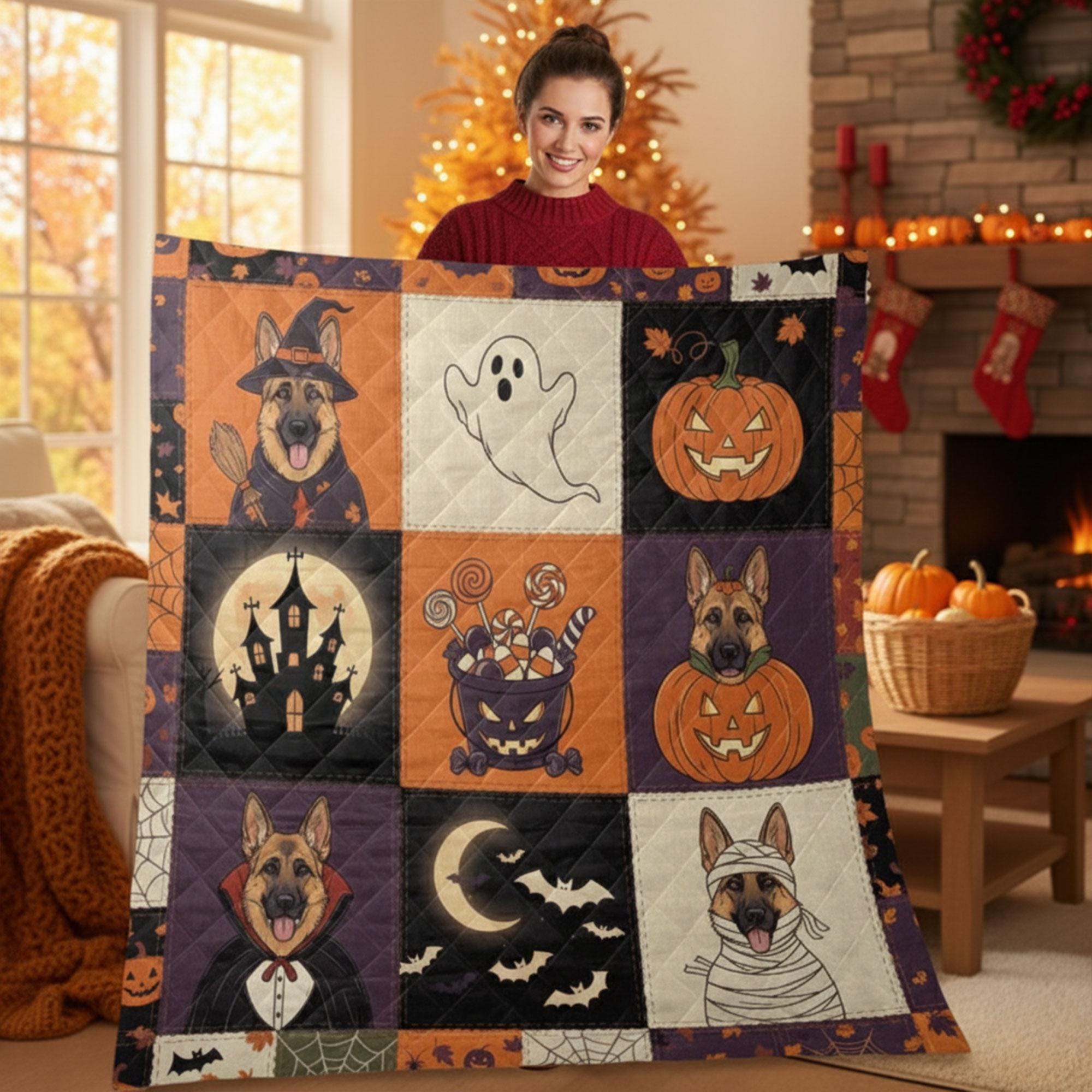 German Shepherd Halloween Quilt Blanket – Patchwork Throw, Printed Dog Panels, Pumpkins & Ghosts